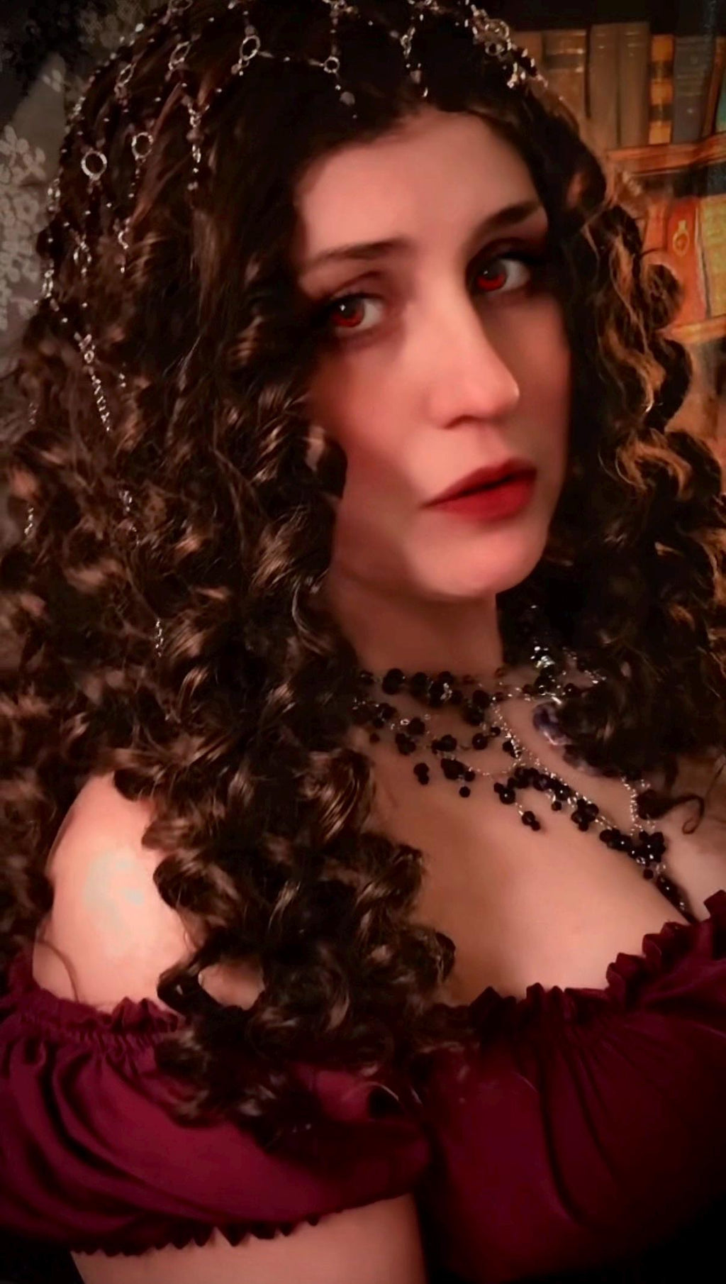 Romantic Fantasy Beaded Garnet Juliet Cap, Handcrafted Jewelry For Elegant Gift