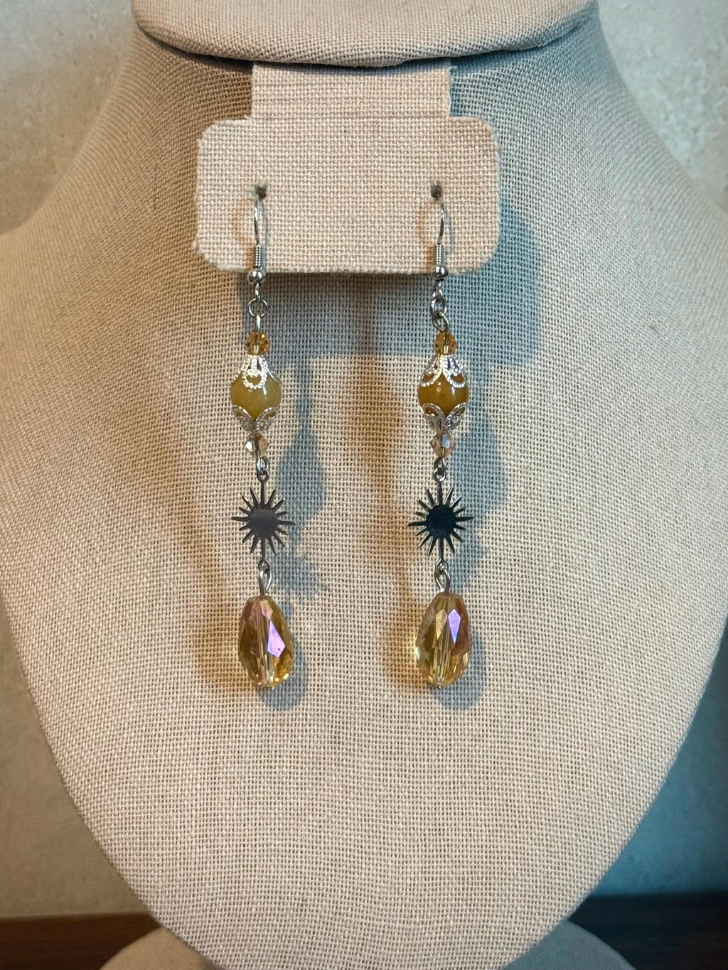 Solar Flare Yellow Jade Crystal Earrings, Dangle Earrings for Casual or Formal Wear