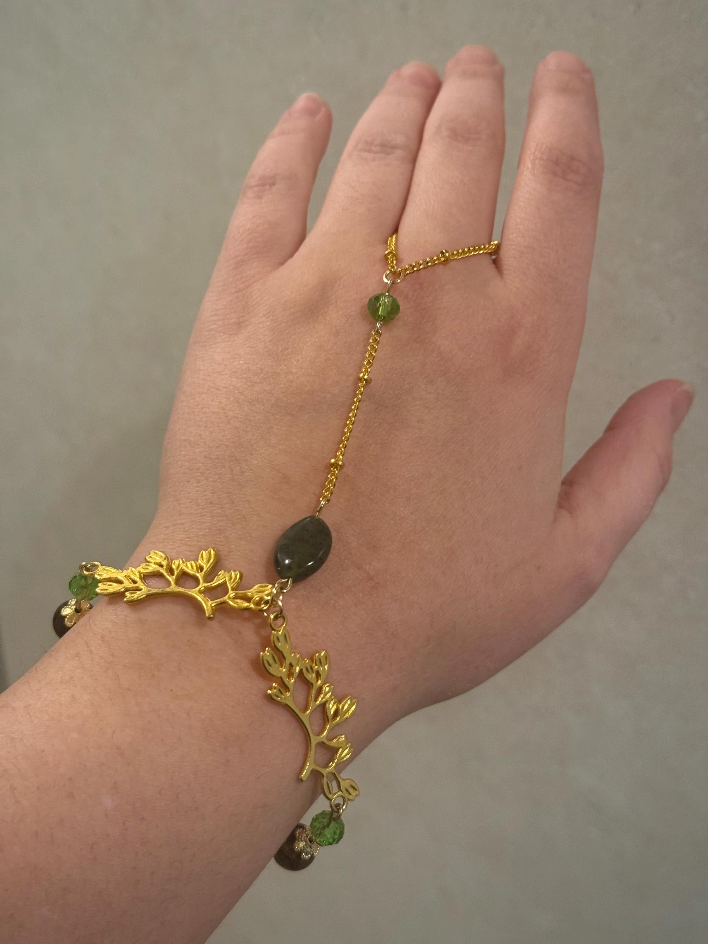 Forest Nymph Tiger Eyes and Serpentine Hand Chain, Mystical Hand Accessory