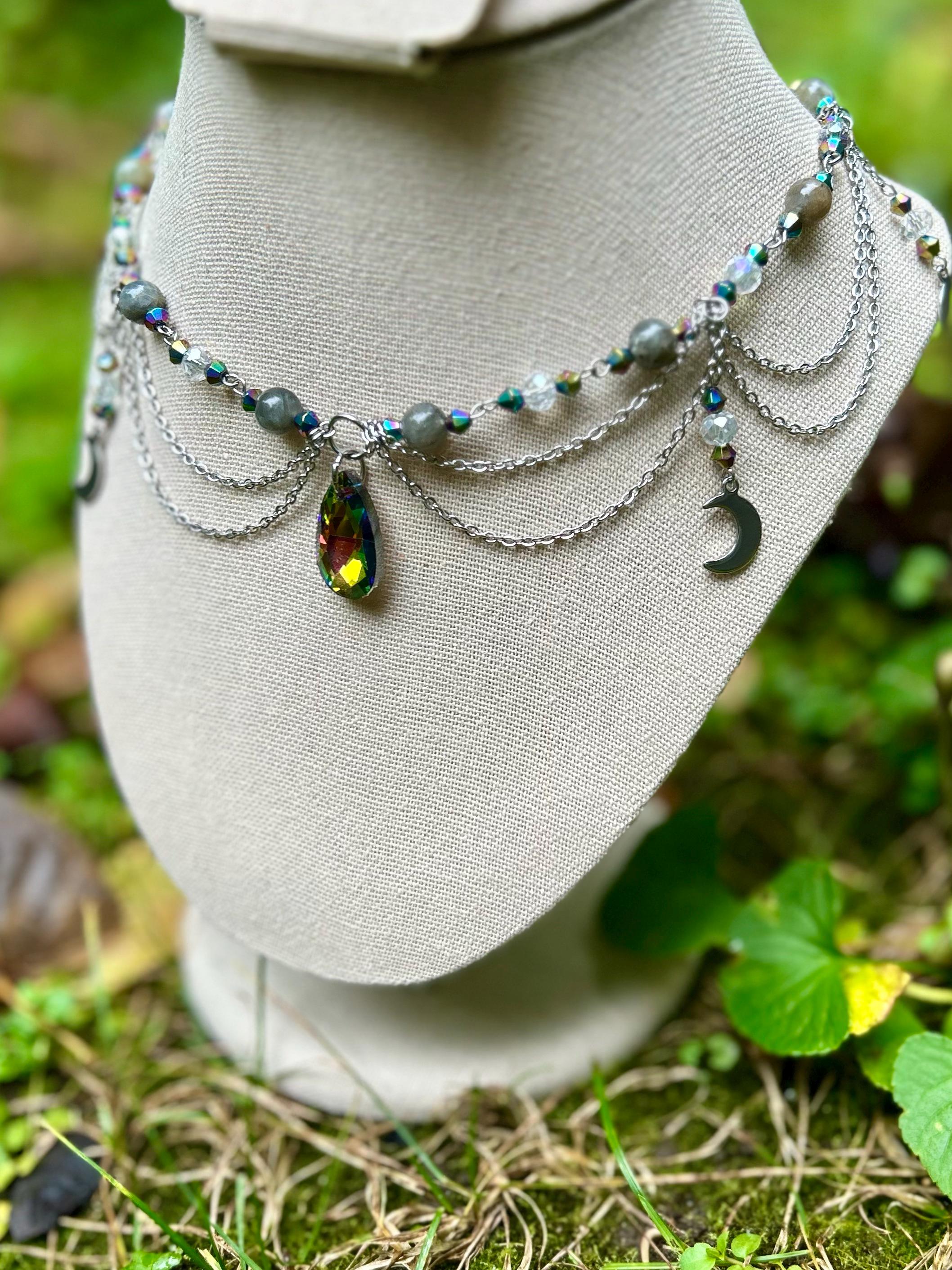 Stars and Nebula Labradorite Crystal Choker, Ethereal Crystal Pendant for Cosmic Vibes, Perfect Gift for Astrology Lovers