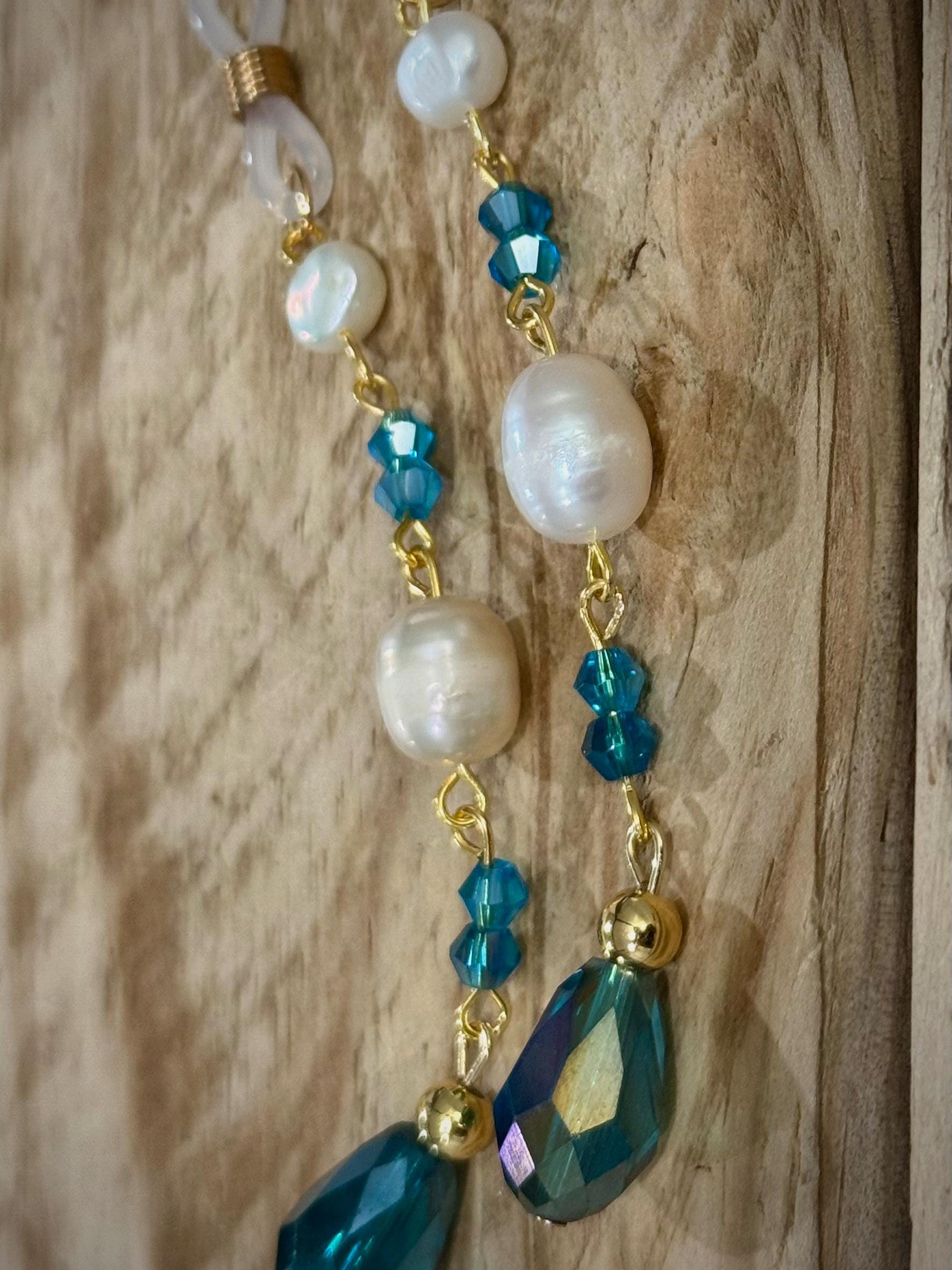Mermaid Pearls Crystal Eyeglass Charms, Nautical Beaded Eyewear Accessory, Gift for Ocean Lovers