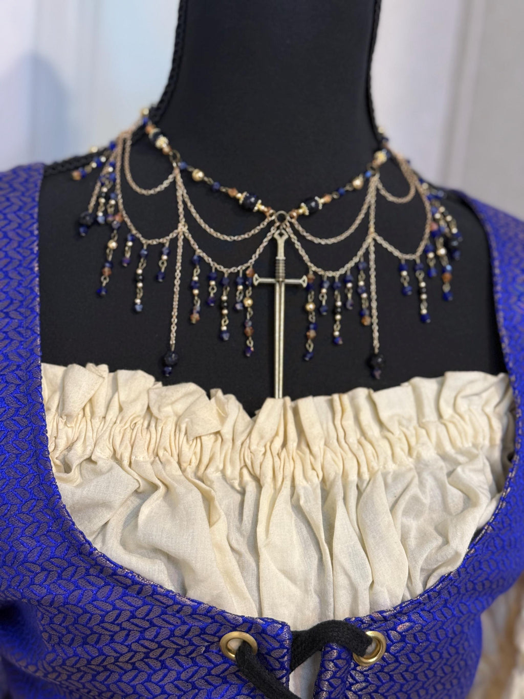 Serene Knight Blue Goldstone and Onyx Necklace, Handcrafted Jewelry For Elegant Gift