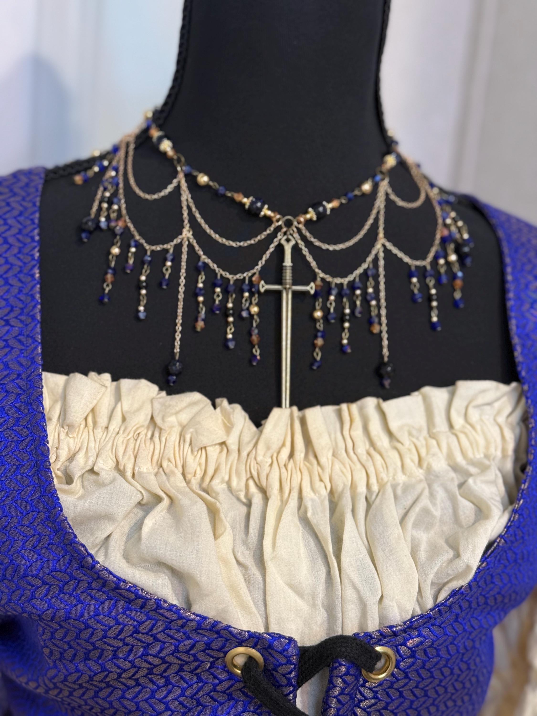 Serene Knight Blue Goldstone and Onyx Necklace, Handcrafted Jewelry For Elegant Gift