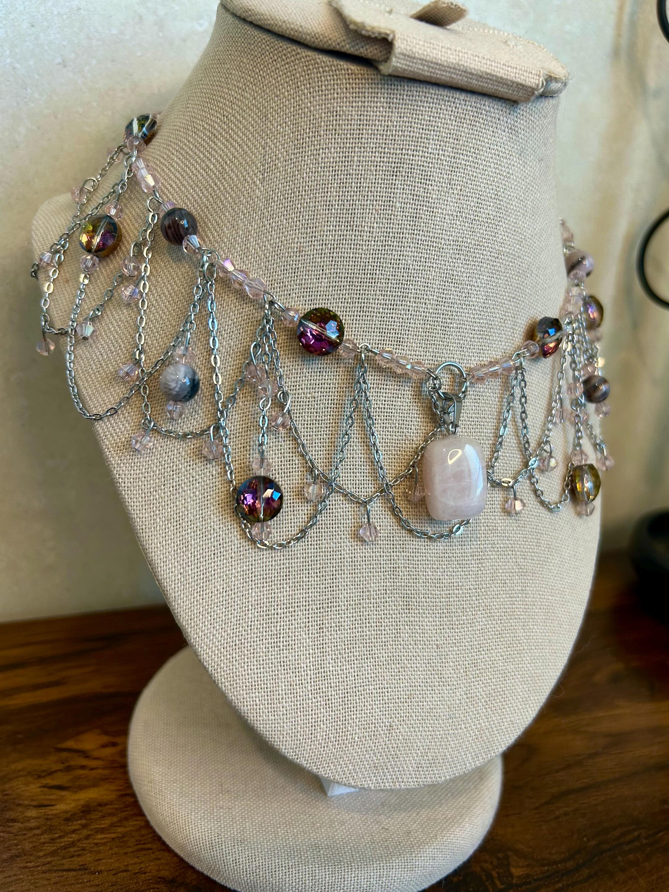 Rose Quartz Petrified Wood Crystal Necklace, Elegant Beaded Design
