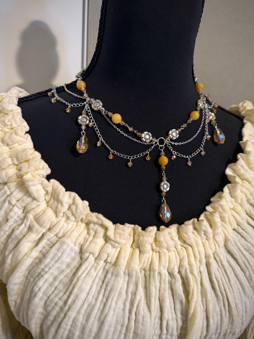 Gathering Sunflowers Yellow Jade Crystal Necklace, Handmade Necklace for all Fantasy Lovers