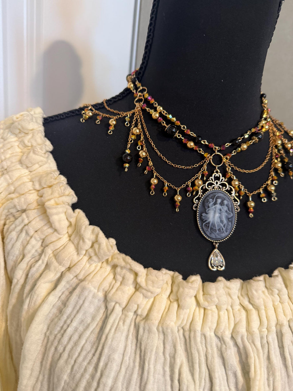 Three Muses Onyx Crystal Necklace, Handcrafted Jewelry For Elegant Gift