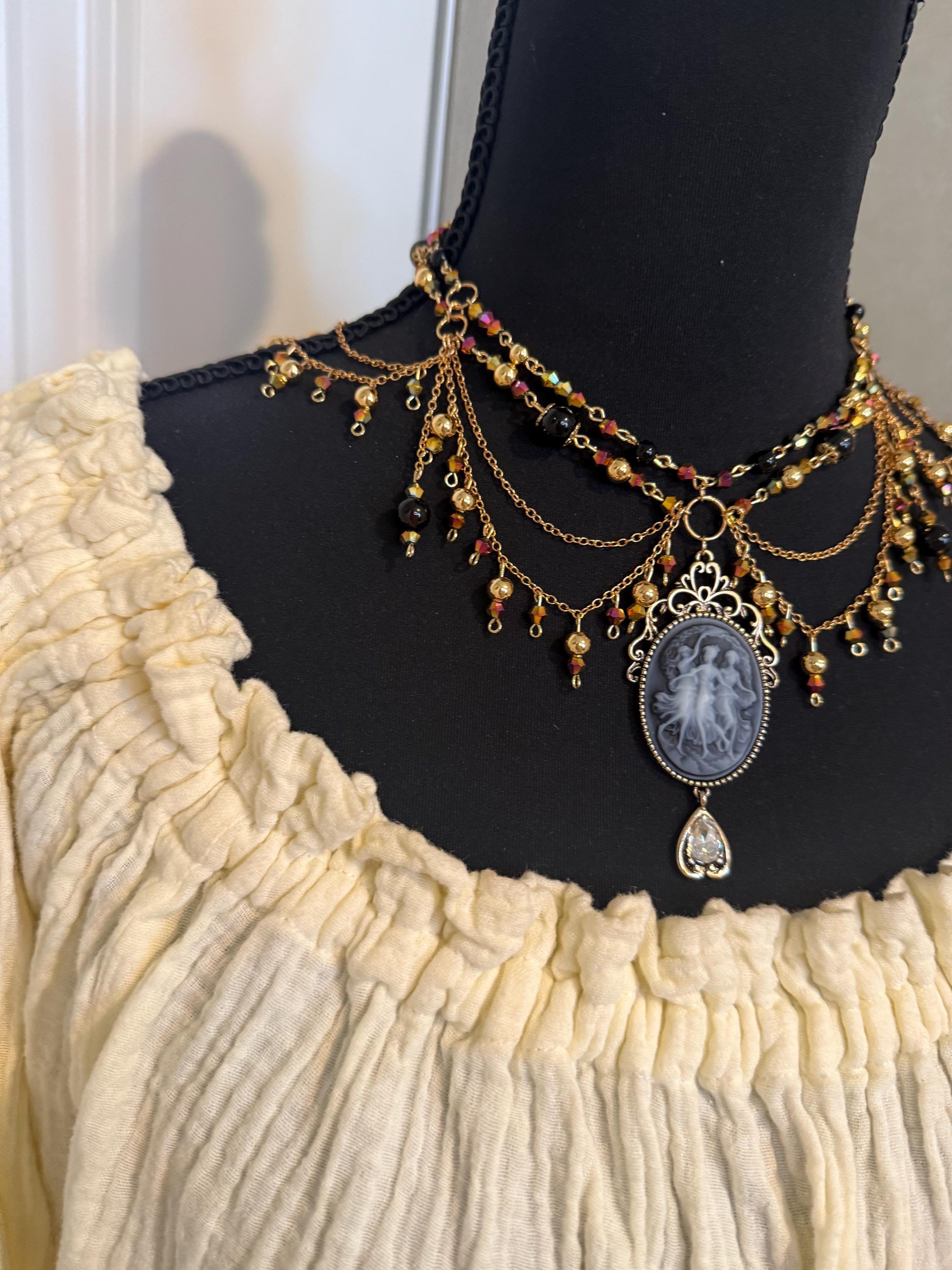 Three Muses Onyx Crystal Necklace, Handcrafted Jewelry For Elegant Gift