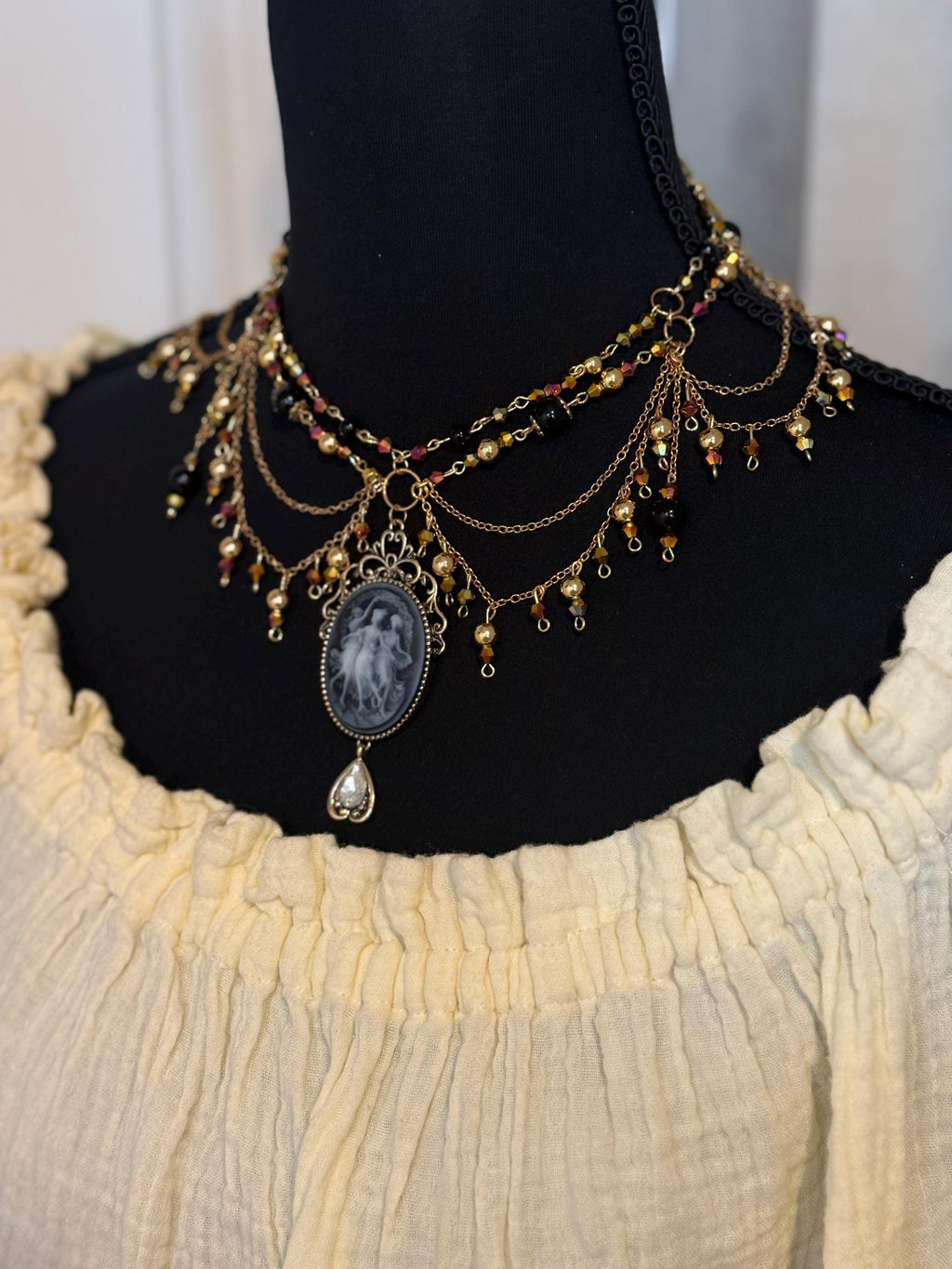 Three Muses Onyx Crystal Necklace, Handcrafted Jewelry For Elegant Gift