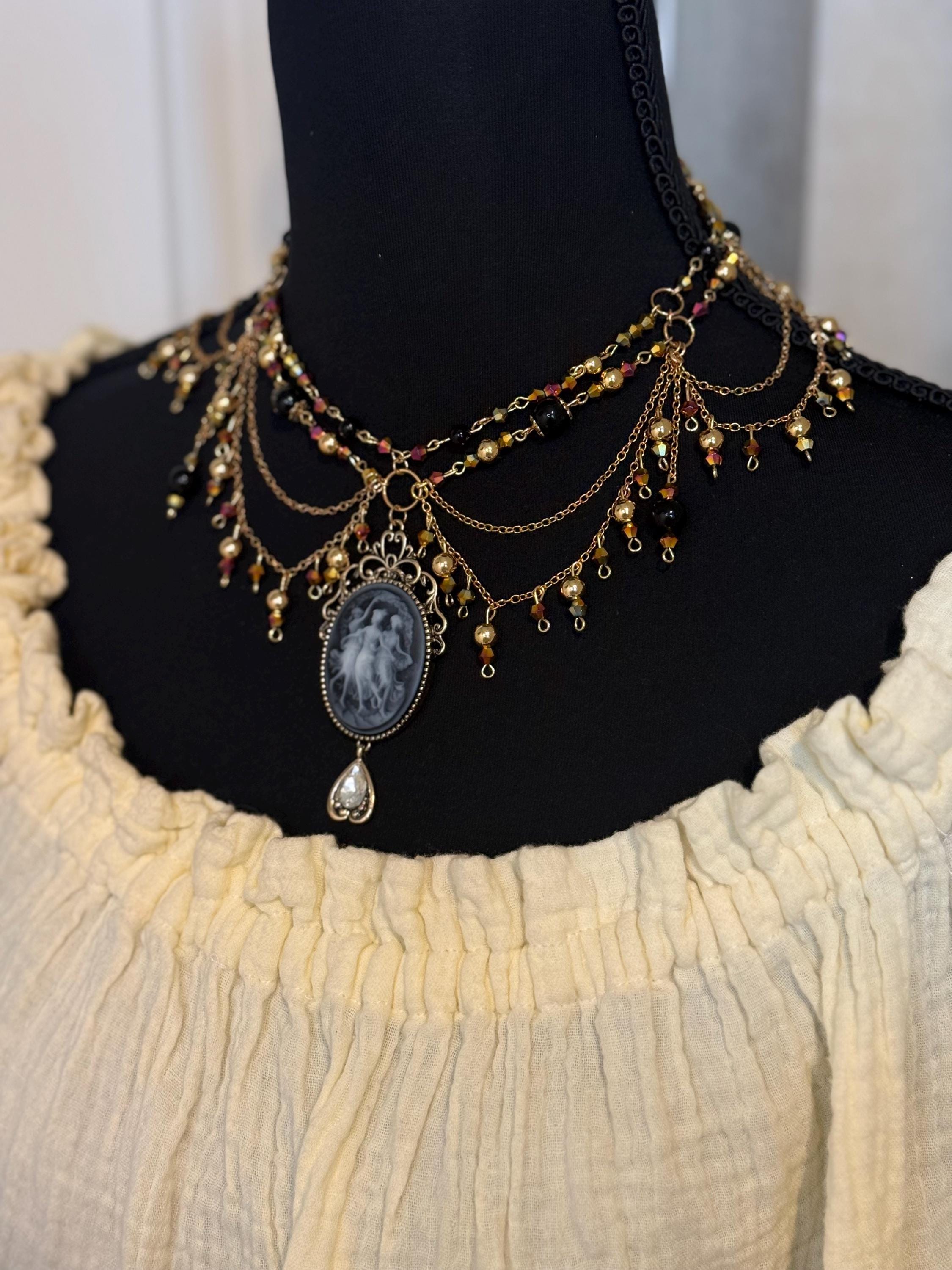 Three Muses Onyx Crystal Necklace, Handcrafted Jewelry For Elegant Gift