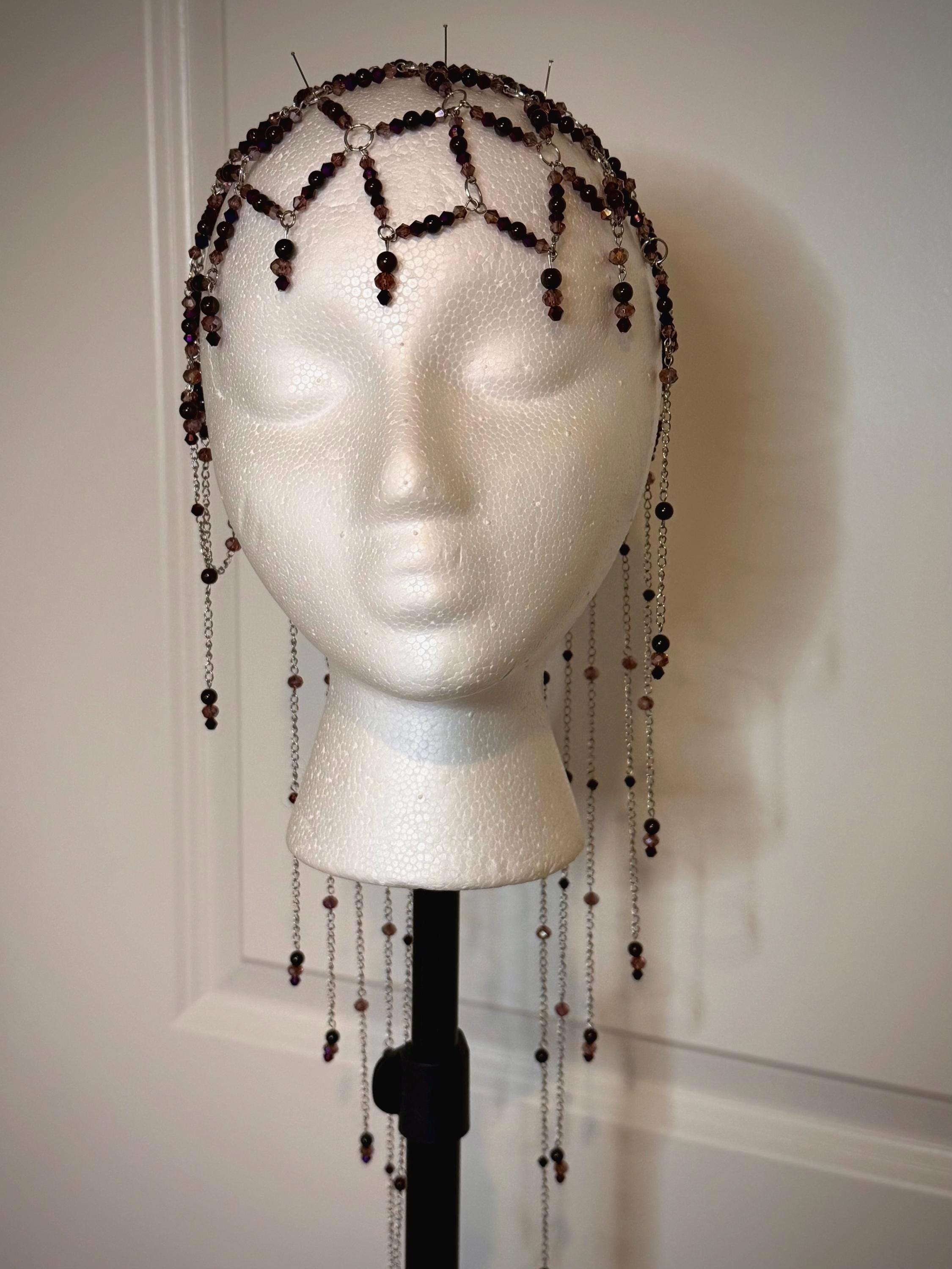 Romantic Fantasy Beaded Garnet Juliet Cap, Handcrafted Jewelry For Elegant Gift