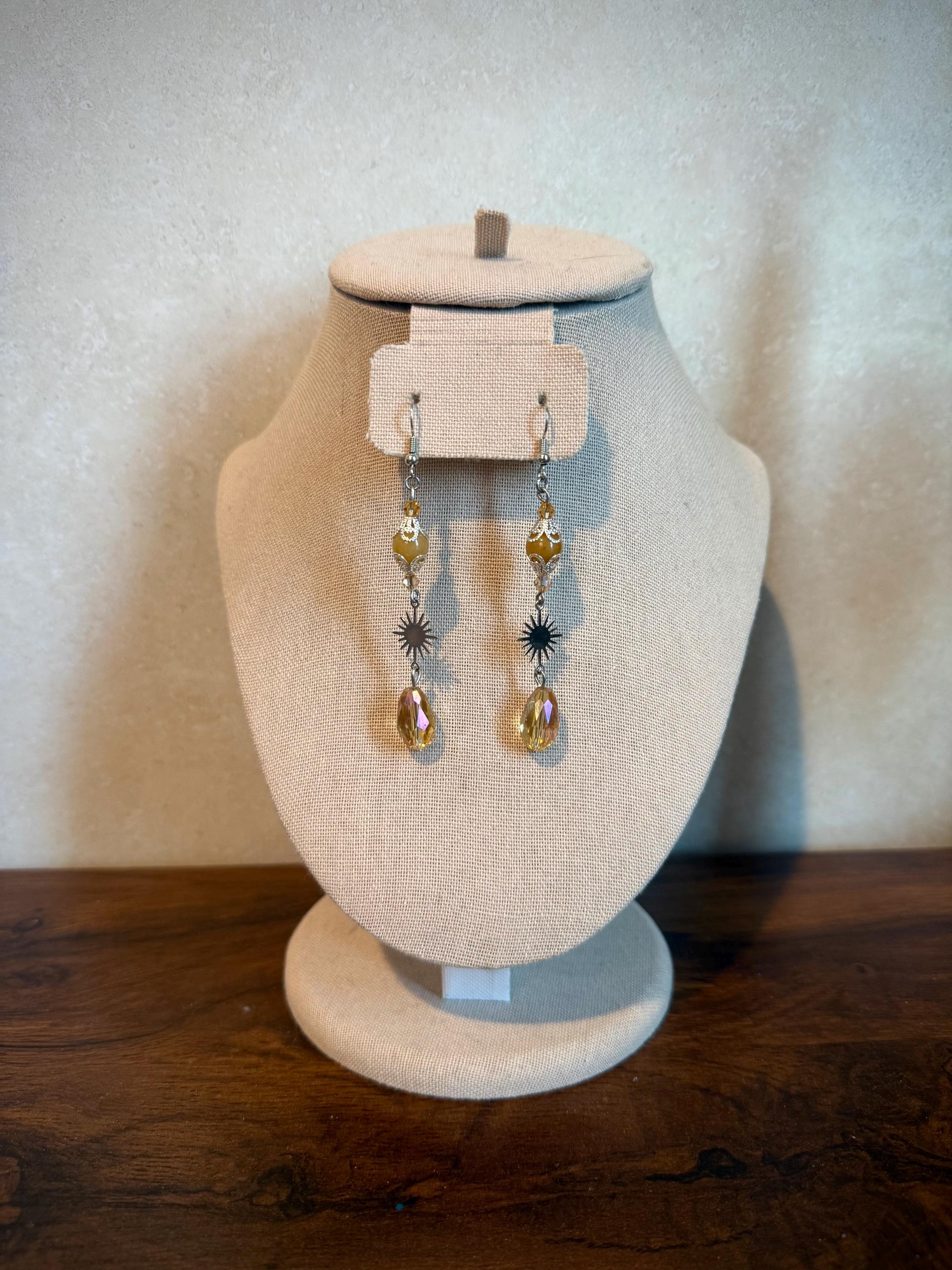 Solar Flare Yellow Jade Crystal Earrings, Dangle Earrings for Casual or Formal Wear