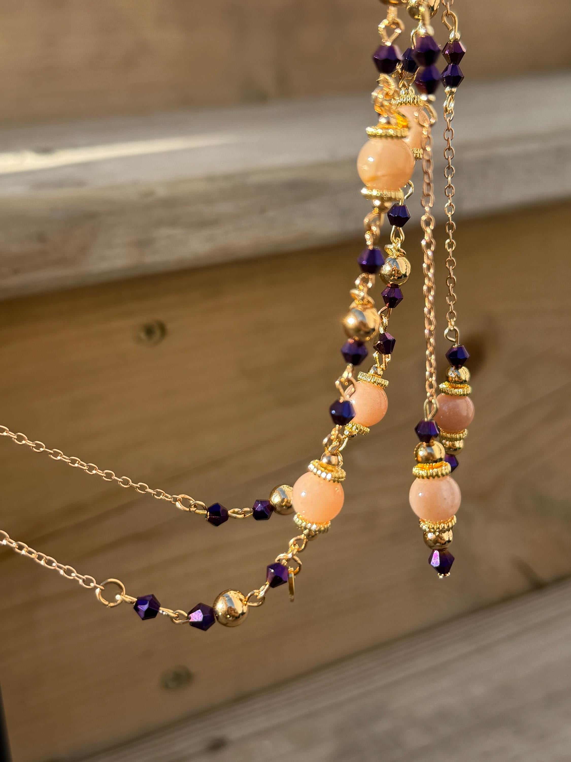 Fluttering Hearts Pink Moonstone Crystal Beaded Eyeglass Chain, Romantic Accessory for Fantasy Lovers