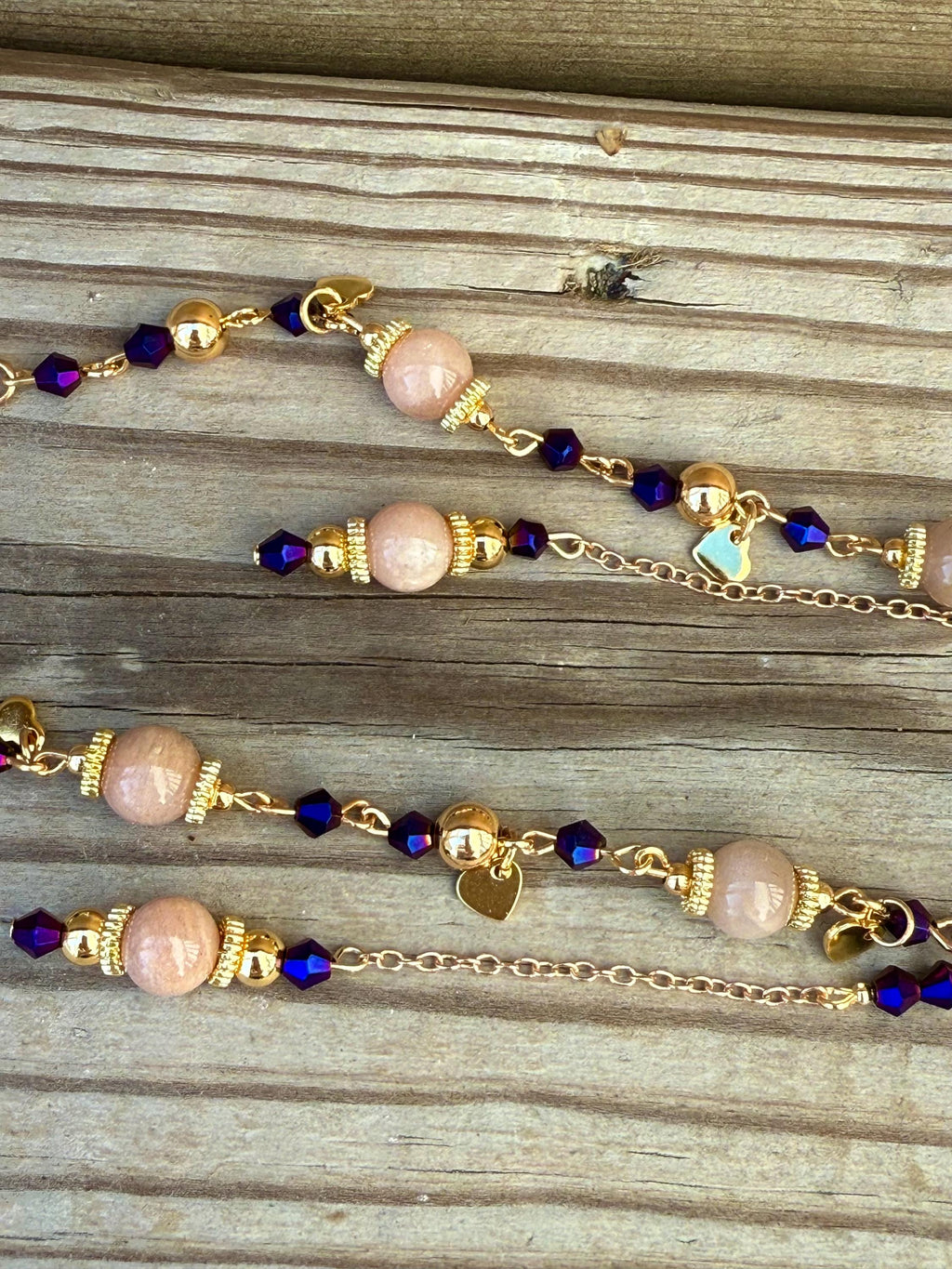 Fluttering Hearts Pink Moonstone Crystal Beaded Eyeglass Chain, Romantic Accessory for Fantasy Lovers