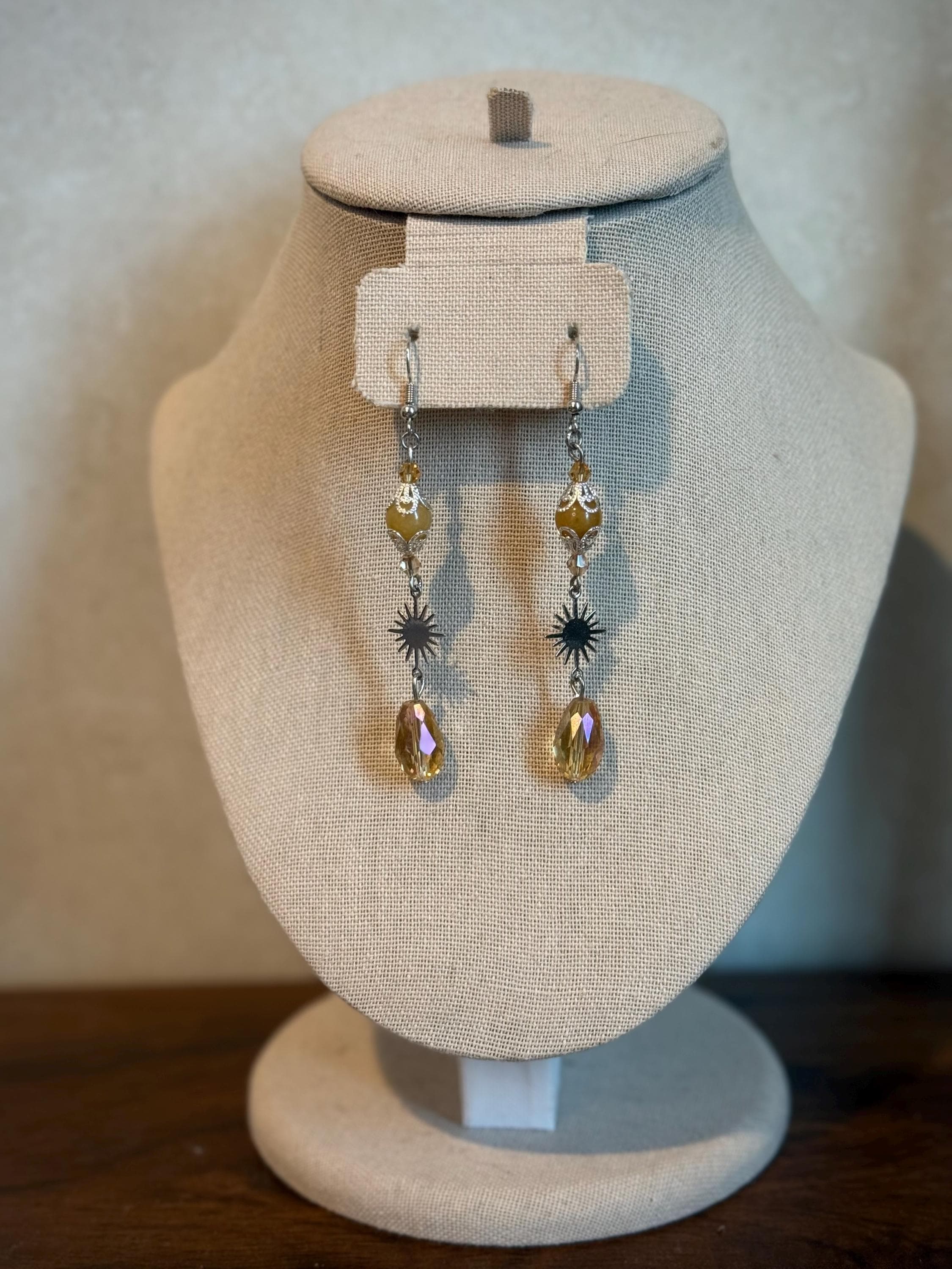 Solar Flare Yellow Jade Crystal Earrings, Dangle Earrings for Casual or Formal Wear