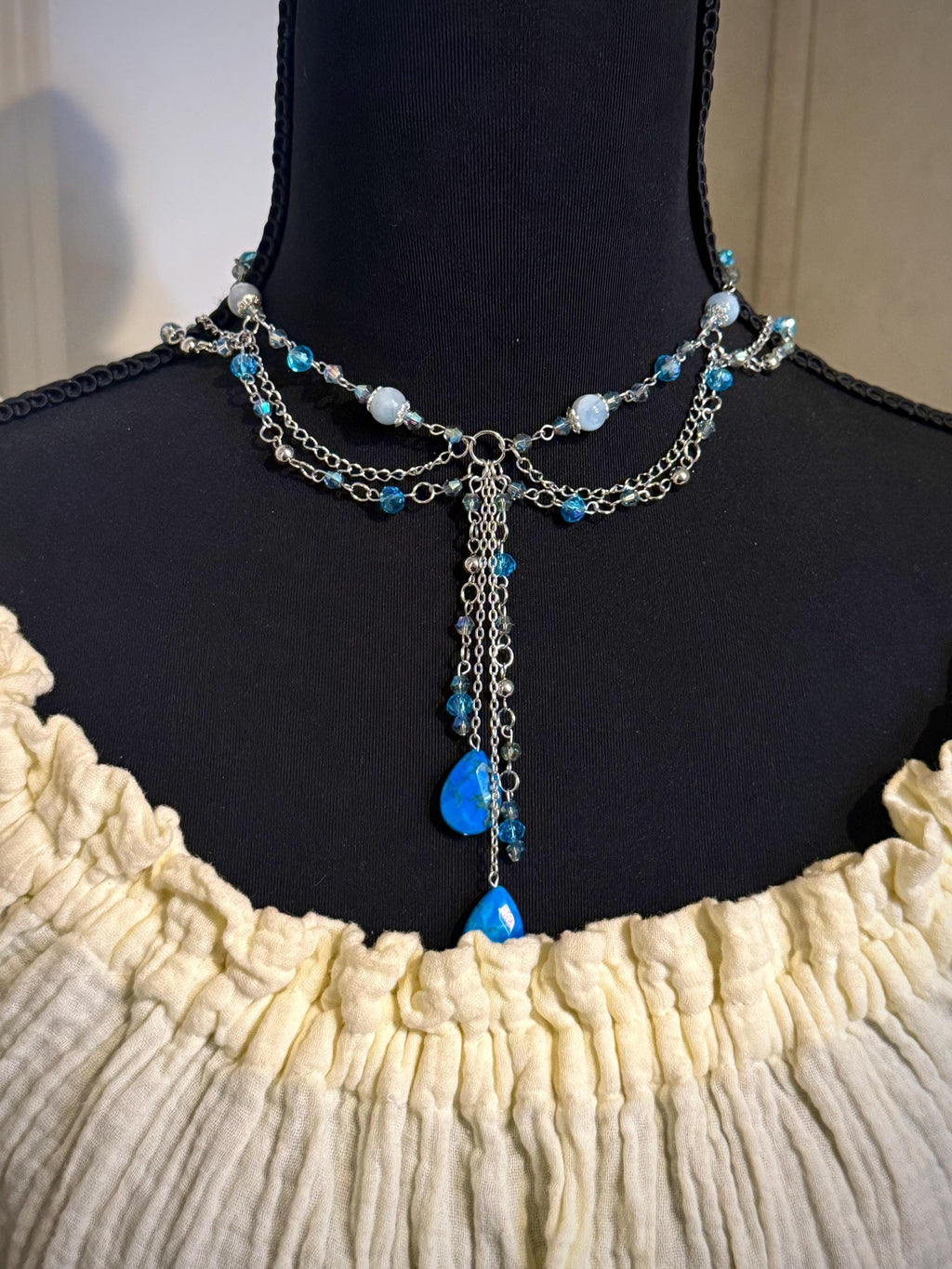 Rainfall Aquamarine and Howlite Crystal Necklace, Handmade Crystal Choker for all Fantasy Lovers