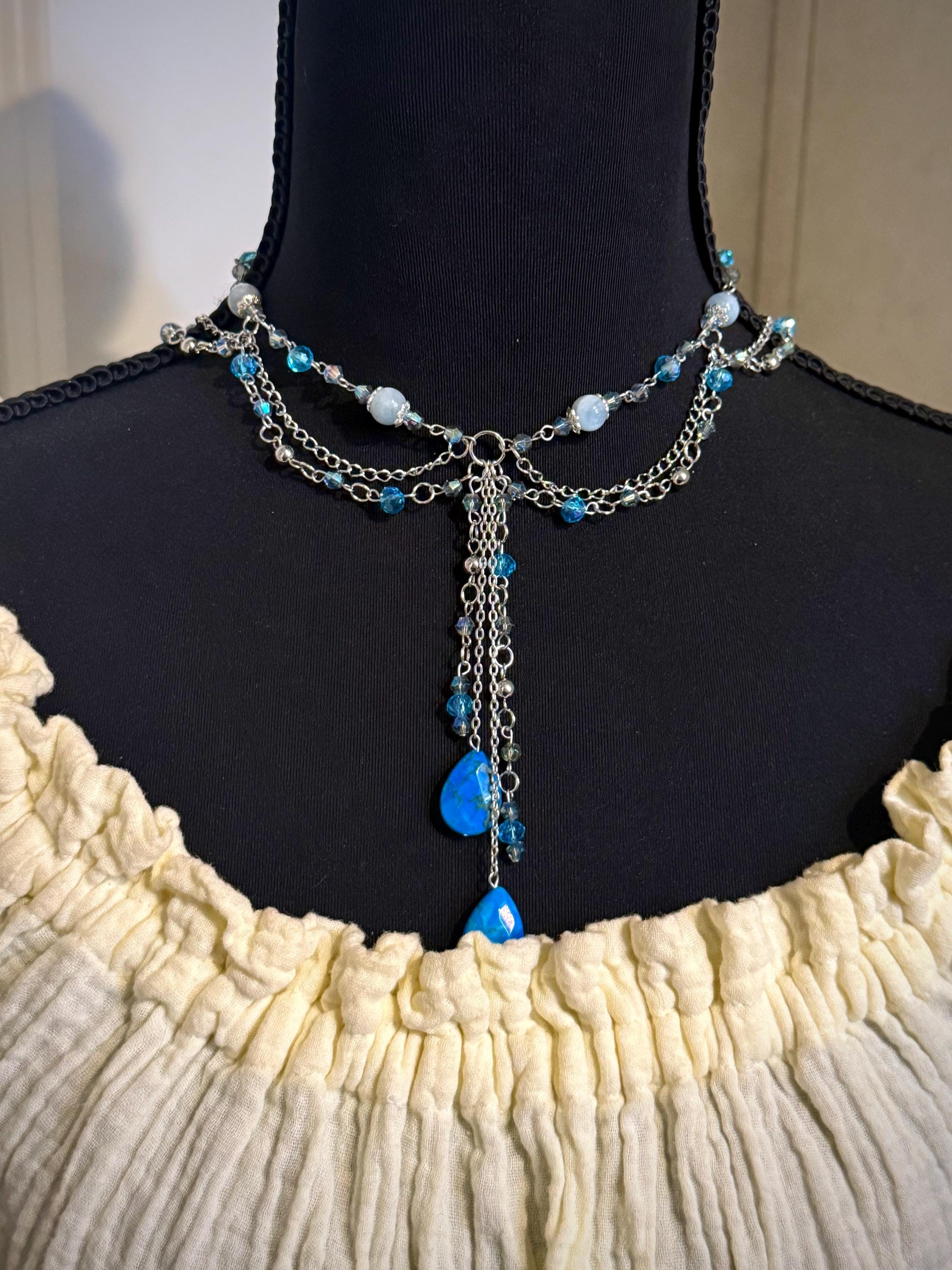 Rainfall Aquamarine and Howlite Crystal Necklace, Handmade Crystal Choker for all Fantasy Lovers