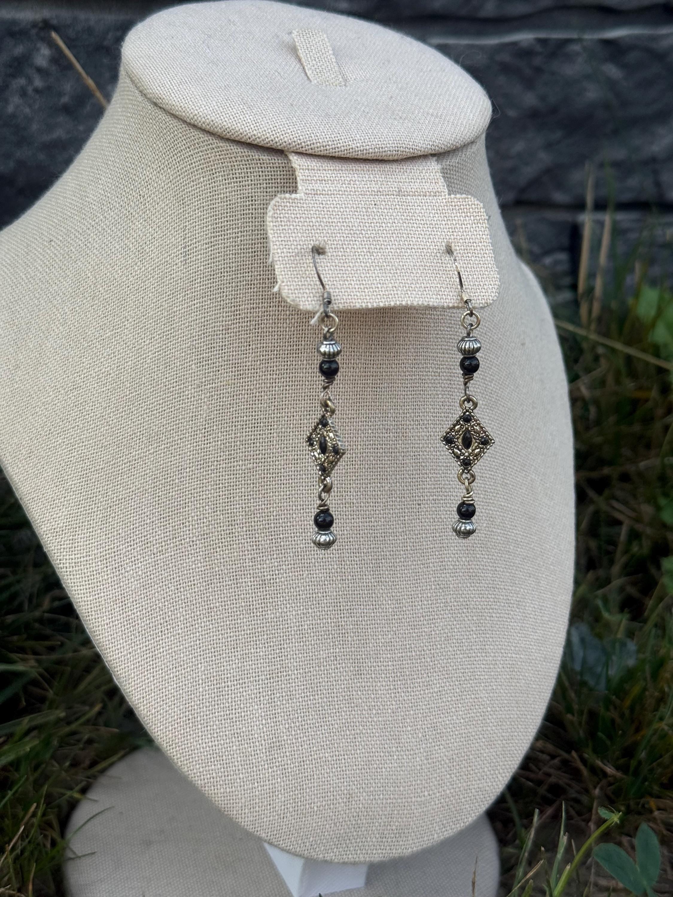 Onyx Knight Dangle Earrings, Black Crystal Beaded Jewelry