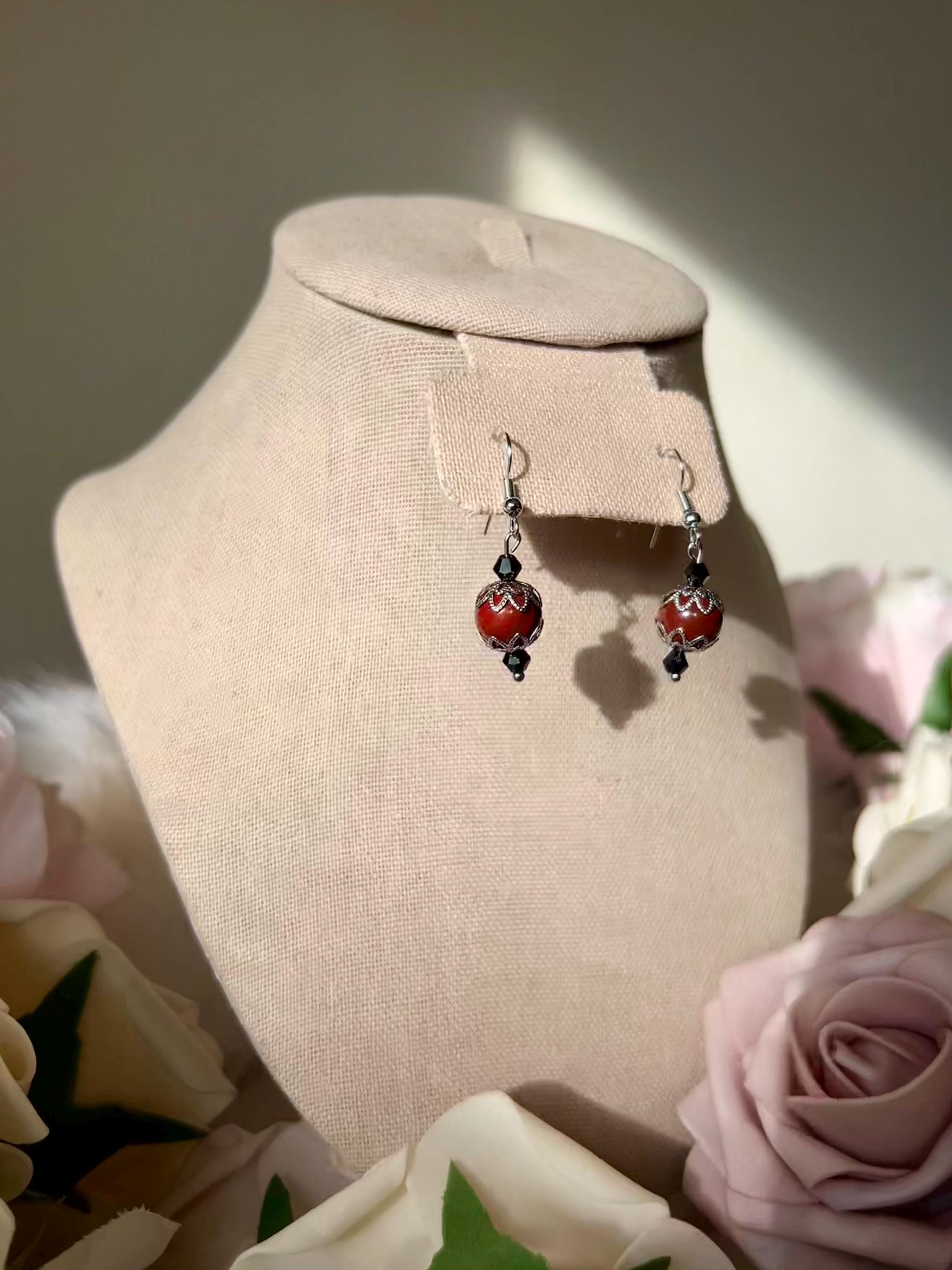 Vampire Kisses Earrings, Handmade Apple Jasper Crystal Earrings for Spooky Season