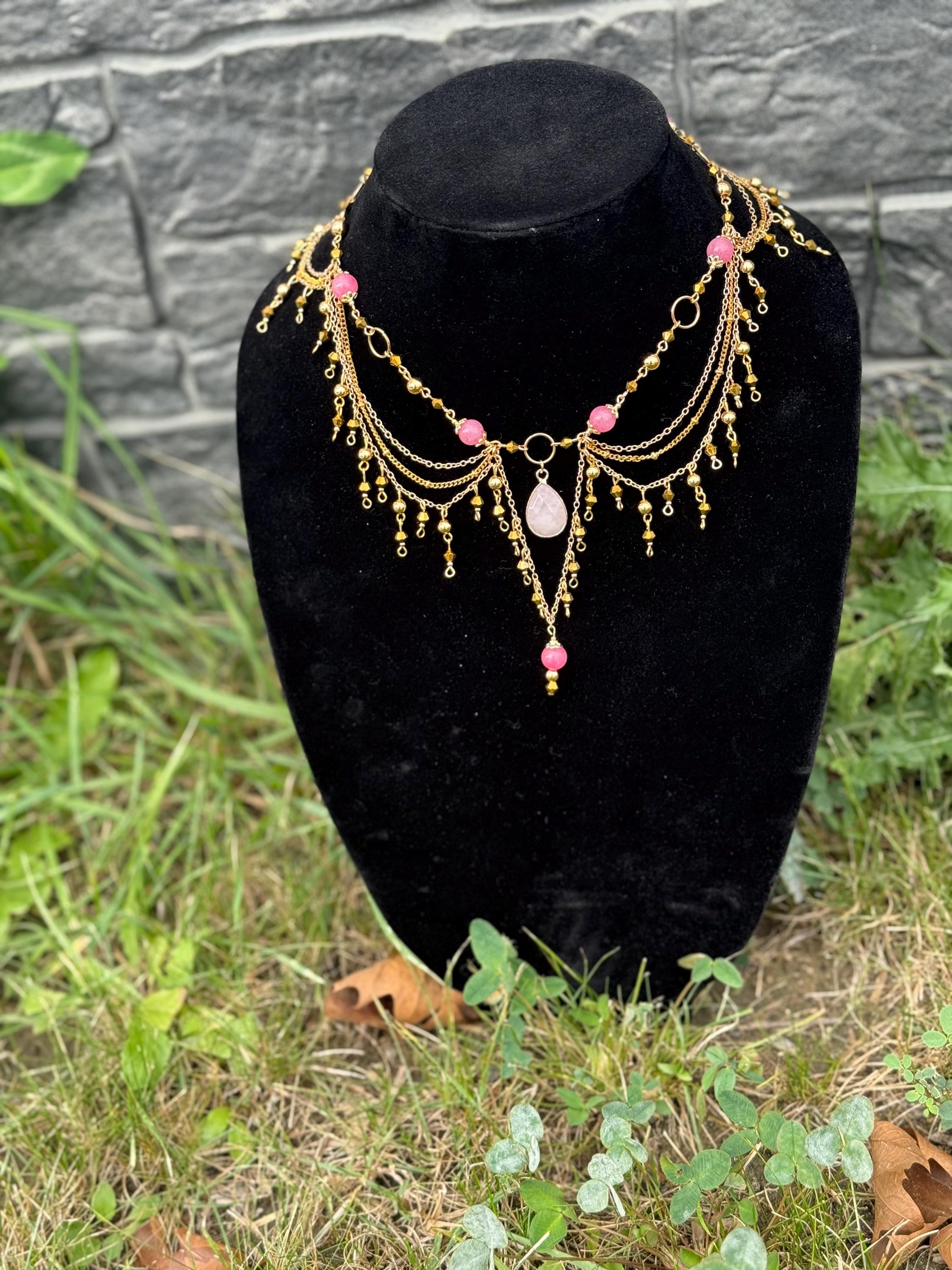 Golden Quartz Rhodochrosite Necklace, Handcrafted Gemstone Jewelry