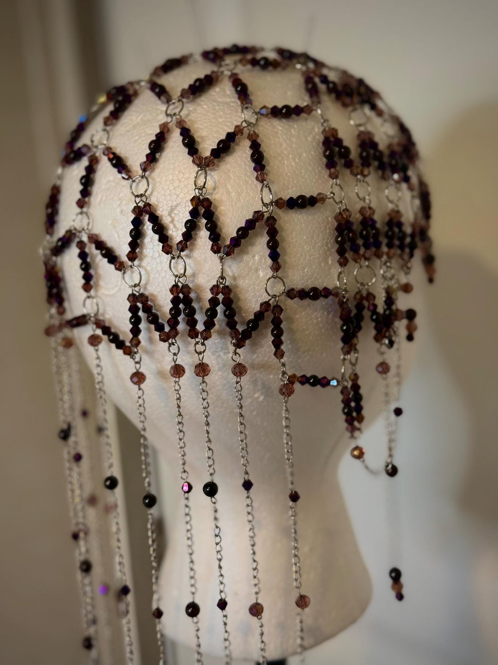 Romantic Fantasy Beaded Garnet Juliet Cap, Handcrafted Jewelry For Elegant Gift
