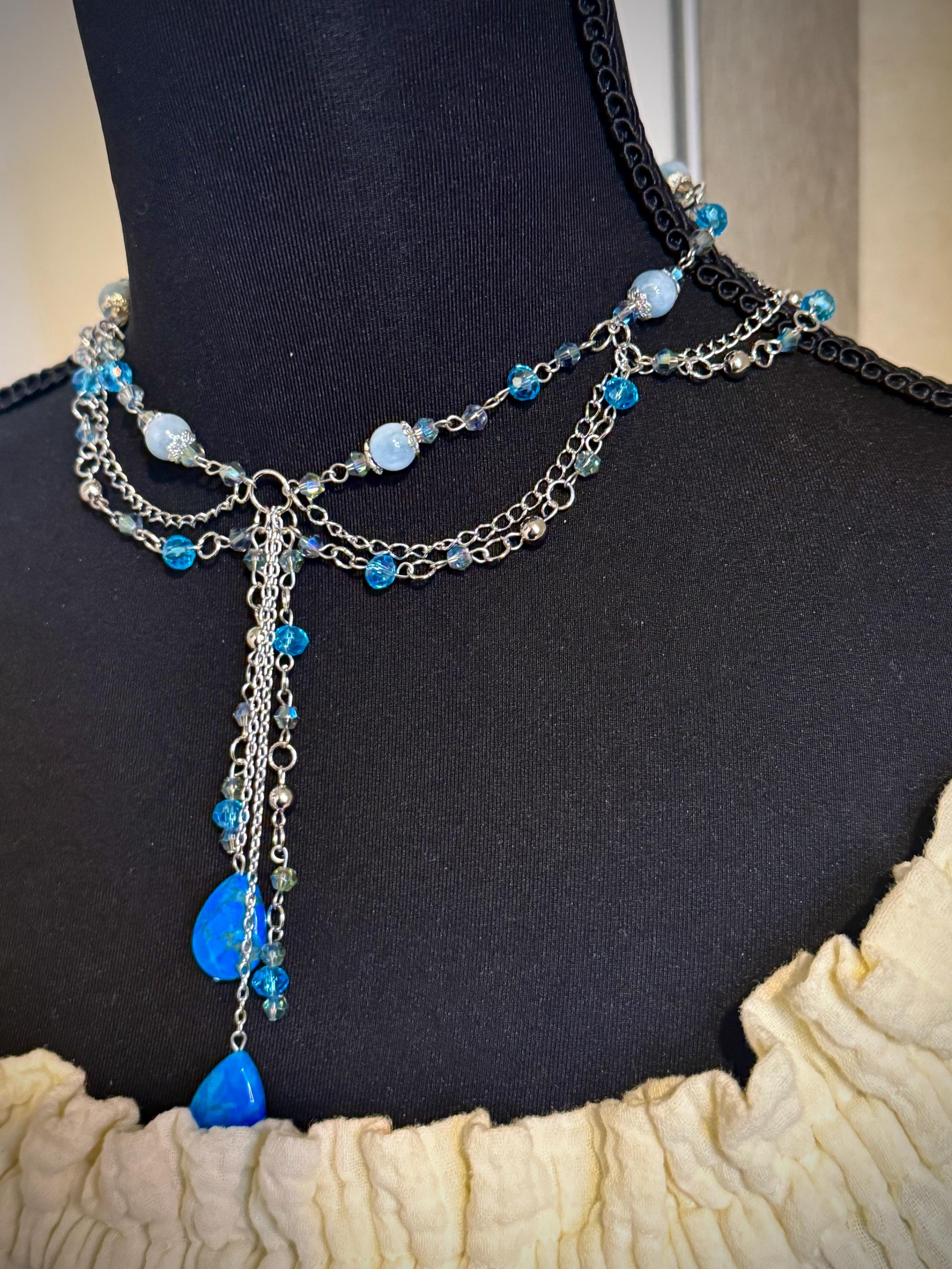 Rainfall Aquamarine and Howlite Crystal Necklace, Handmade Crystal Choker for all Fantasy Lovers