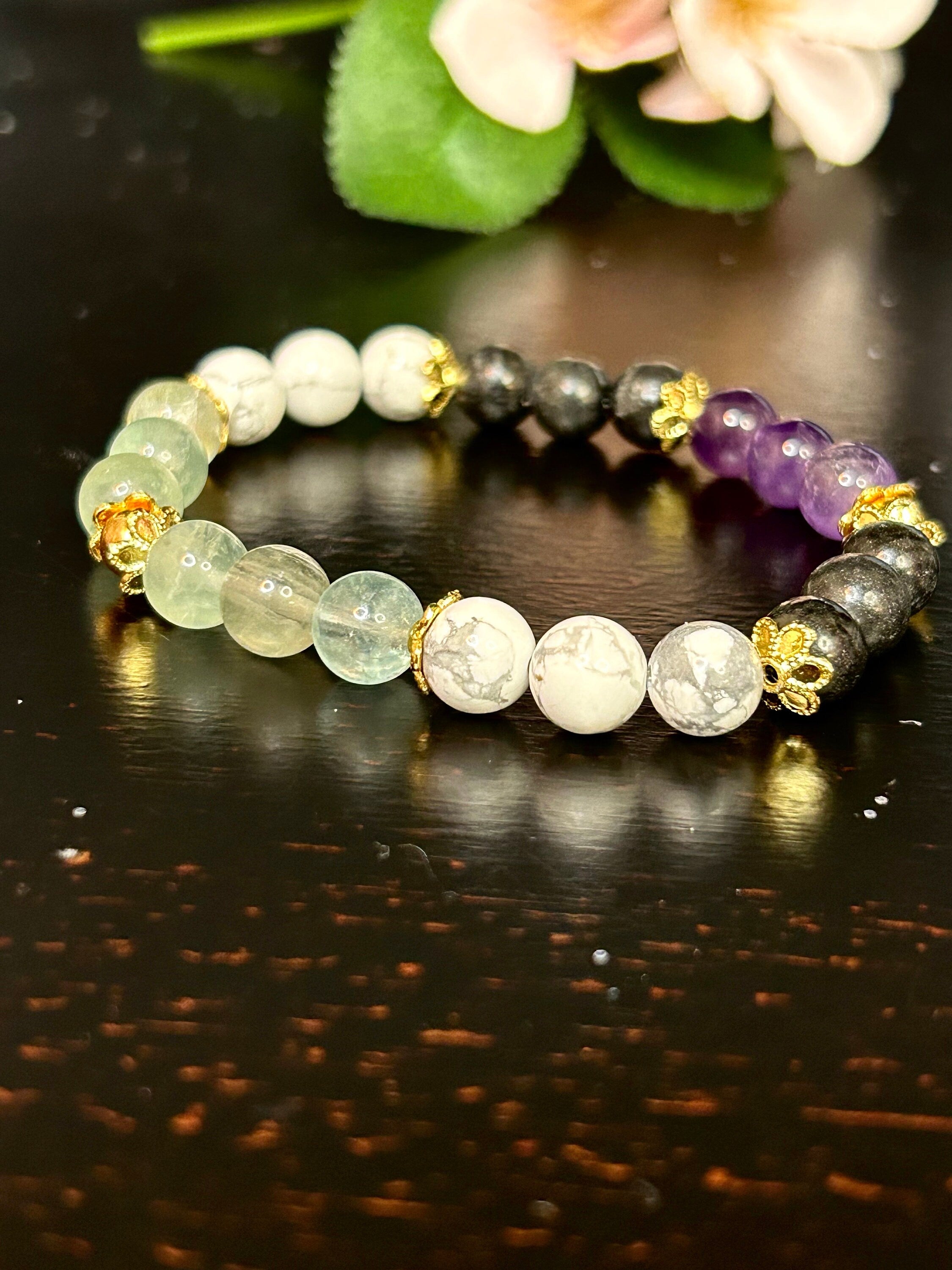 Crystal Bracelet, Howlite, Amethyst, Stress Relief, Anxiety Support
