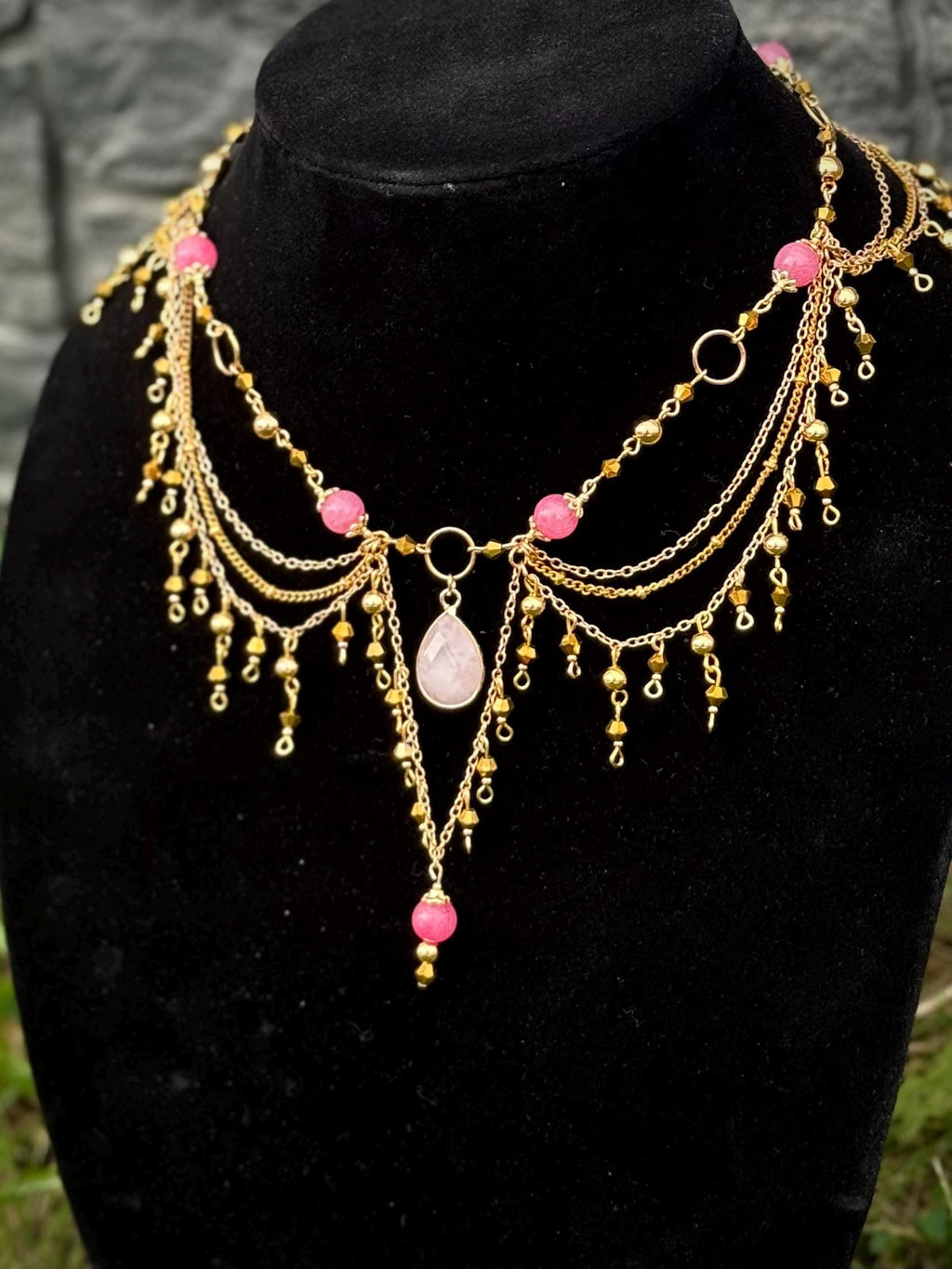 Golden Quartz Rhodochrosite Necklace, Handcrafted Gemstone Jewelry
