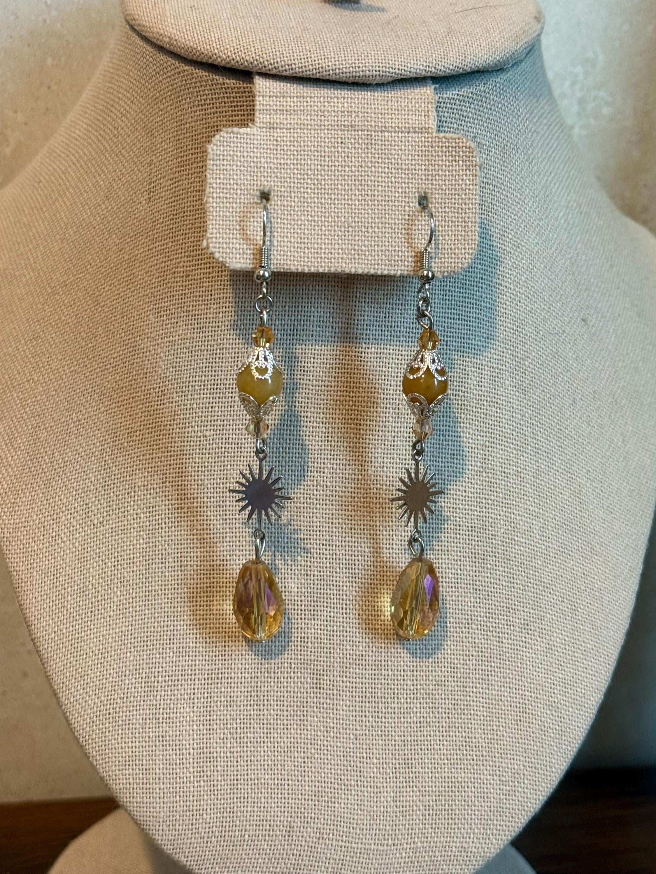 Solar Flare Yellow Jade Crystal Earrings, Dangle Earrings for Casual or Formal Wear