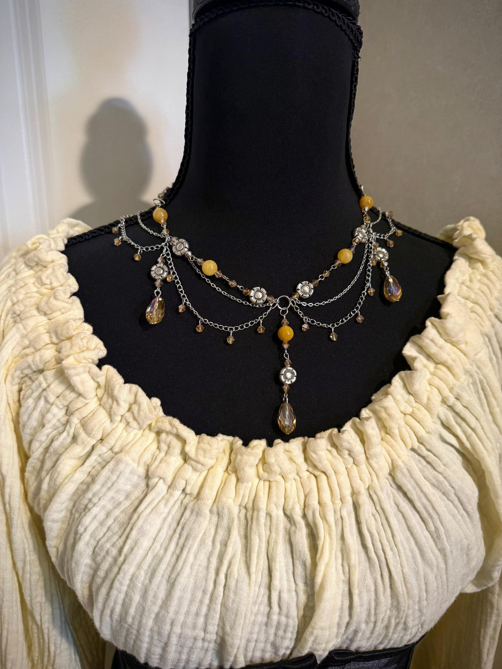 Gathering Sunflowers Yellow Jade Crystal Necklace, Handmade Necklace for all Fantasy Lovers