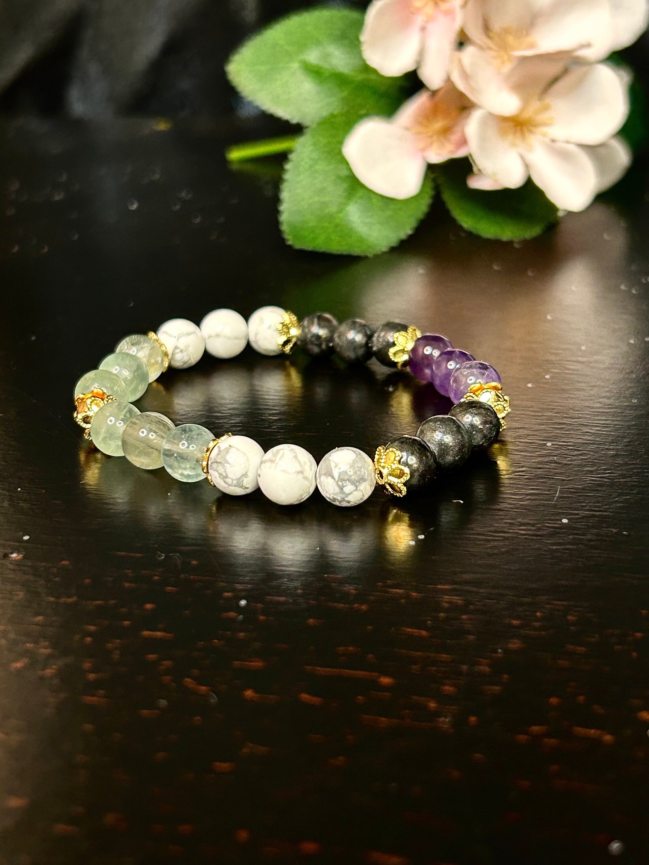 Crystal Bracelet, Howlite, Amethyst, Stress Relief, Anxiety Support