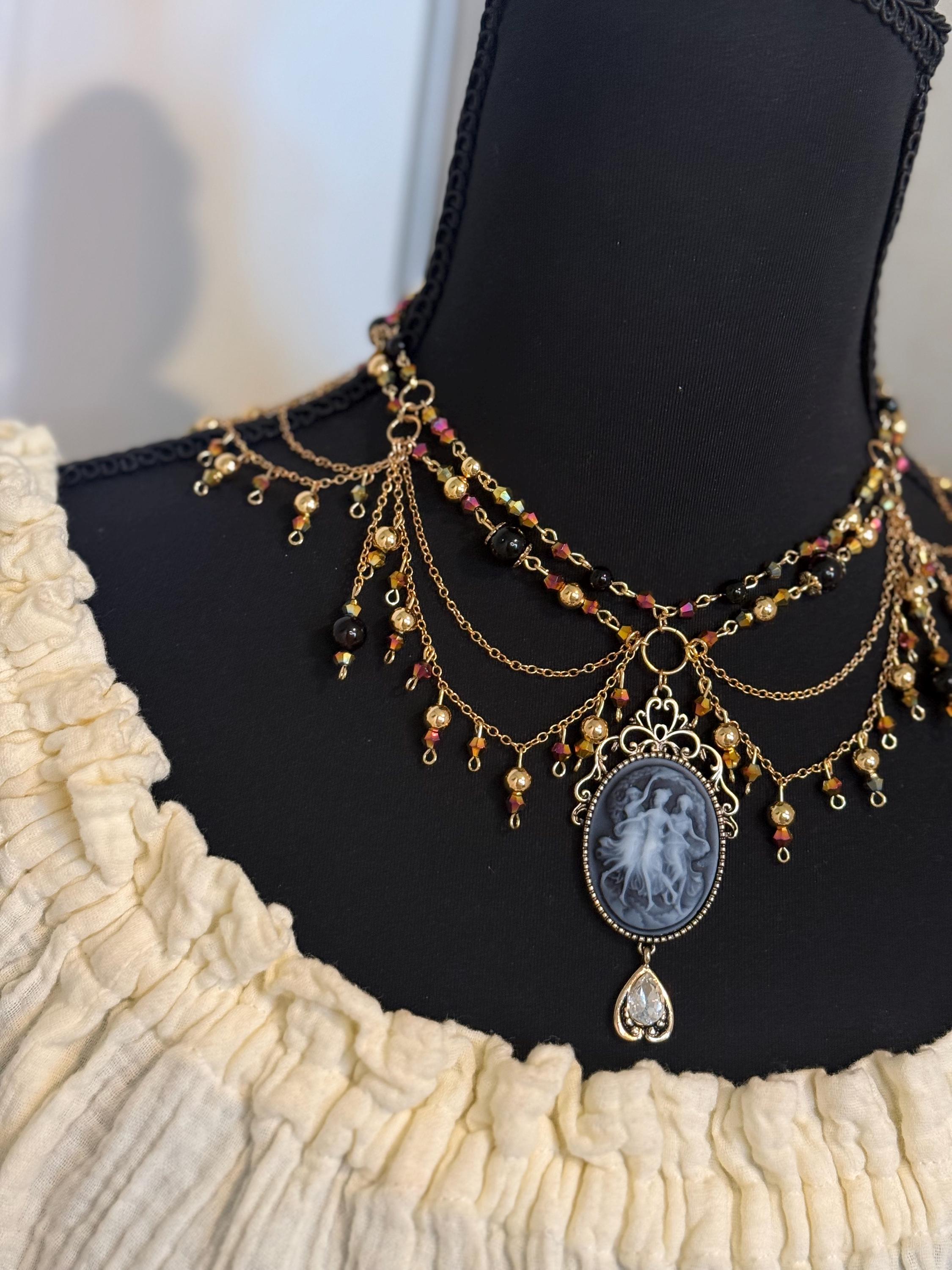 Three Muses Onyx Crystal Necklace, Handcrafted Jewelry For Elegant Gift