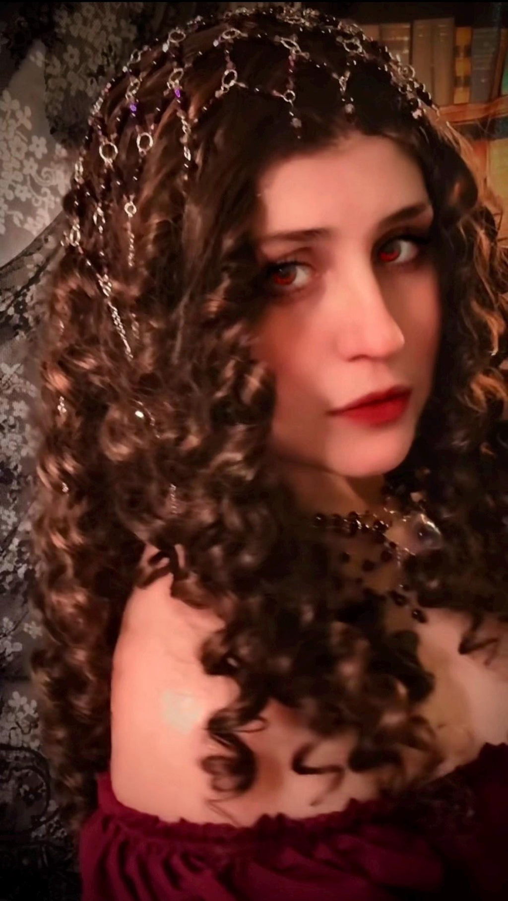 Romantic Fantasy Beaded Garnet Juliet Cap, Handcrafted Jewelry For Elegant Gift