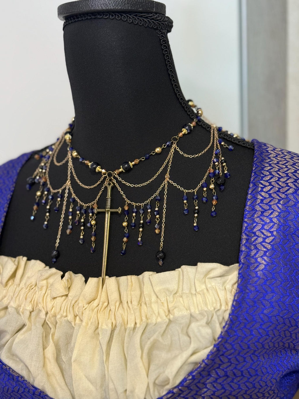 Serene Knight Blue Goldstone and Onyx Necklace, Handcrafted Jewelry For Elegant Gift