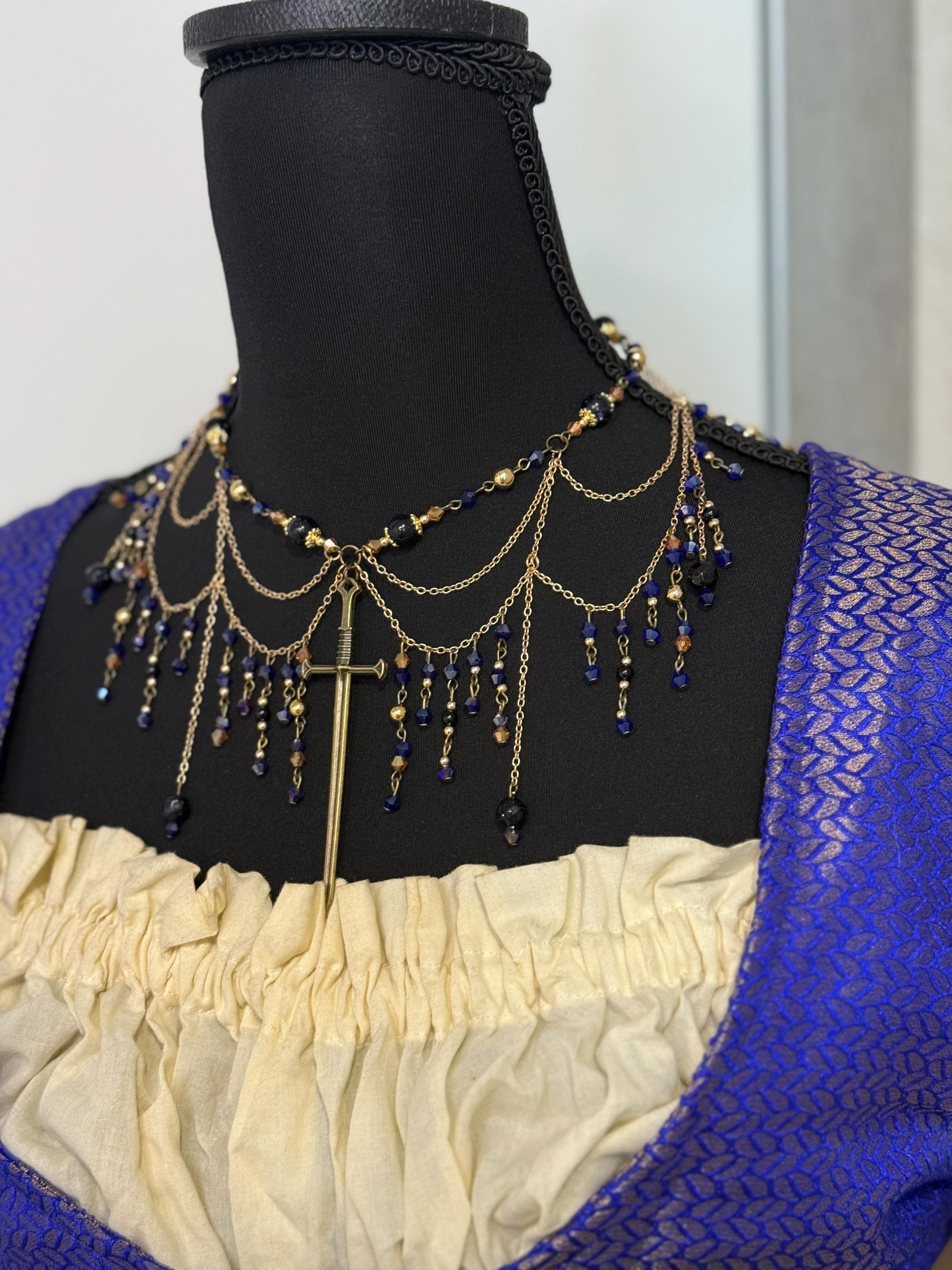 Serene Knight Blue Goldstone and Onyx Necklace, Handcrafted Jewelry For Elegant Gift