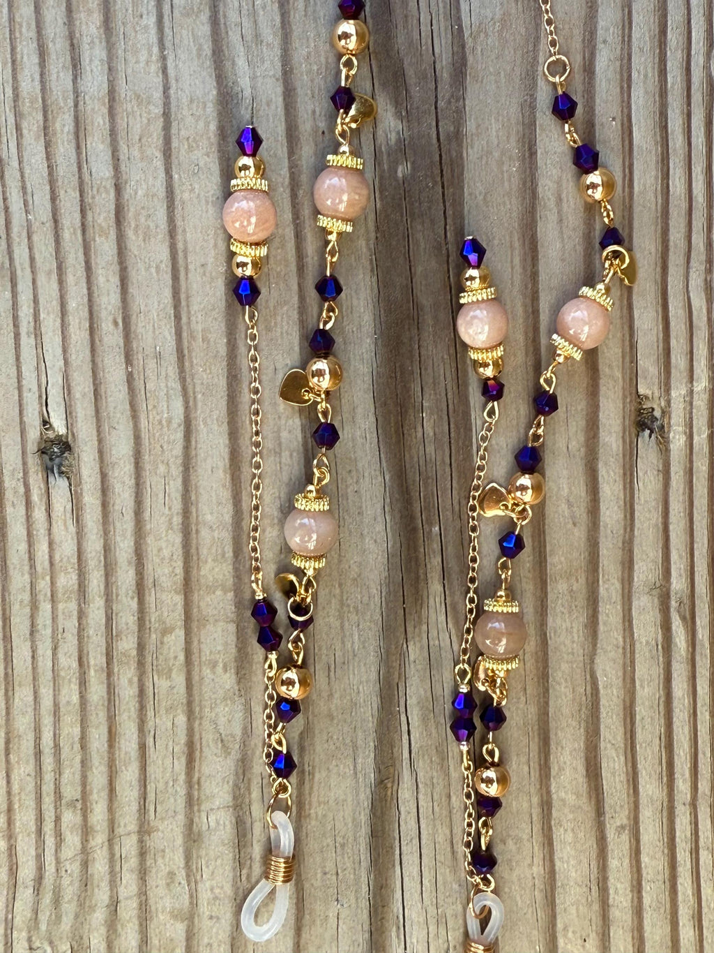 Fluttering Hearts Pink Moonstone Crystal Beaded Eyeglass Chain, Romantic Accessory for Fantasy Lovers
