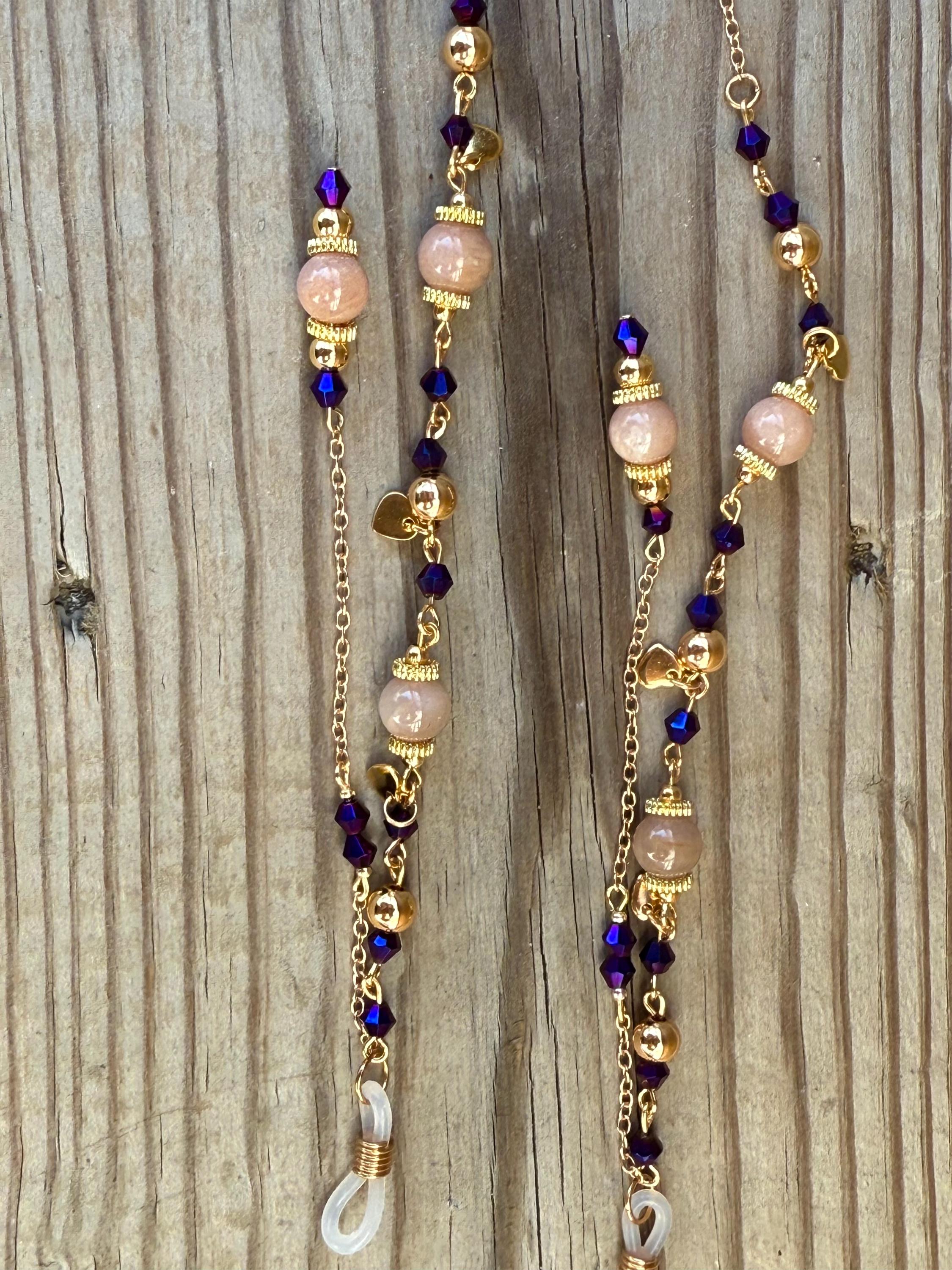 Fluttering Hearts Pink Moonstone Crystal Beaded Eyeglass Chain, Romantic Accessory for Fantasy Lovers