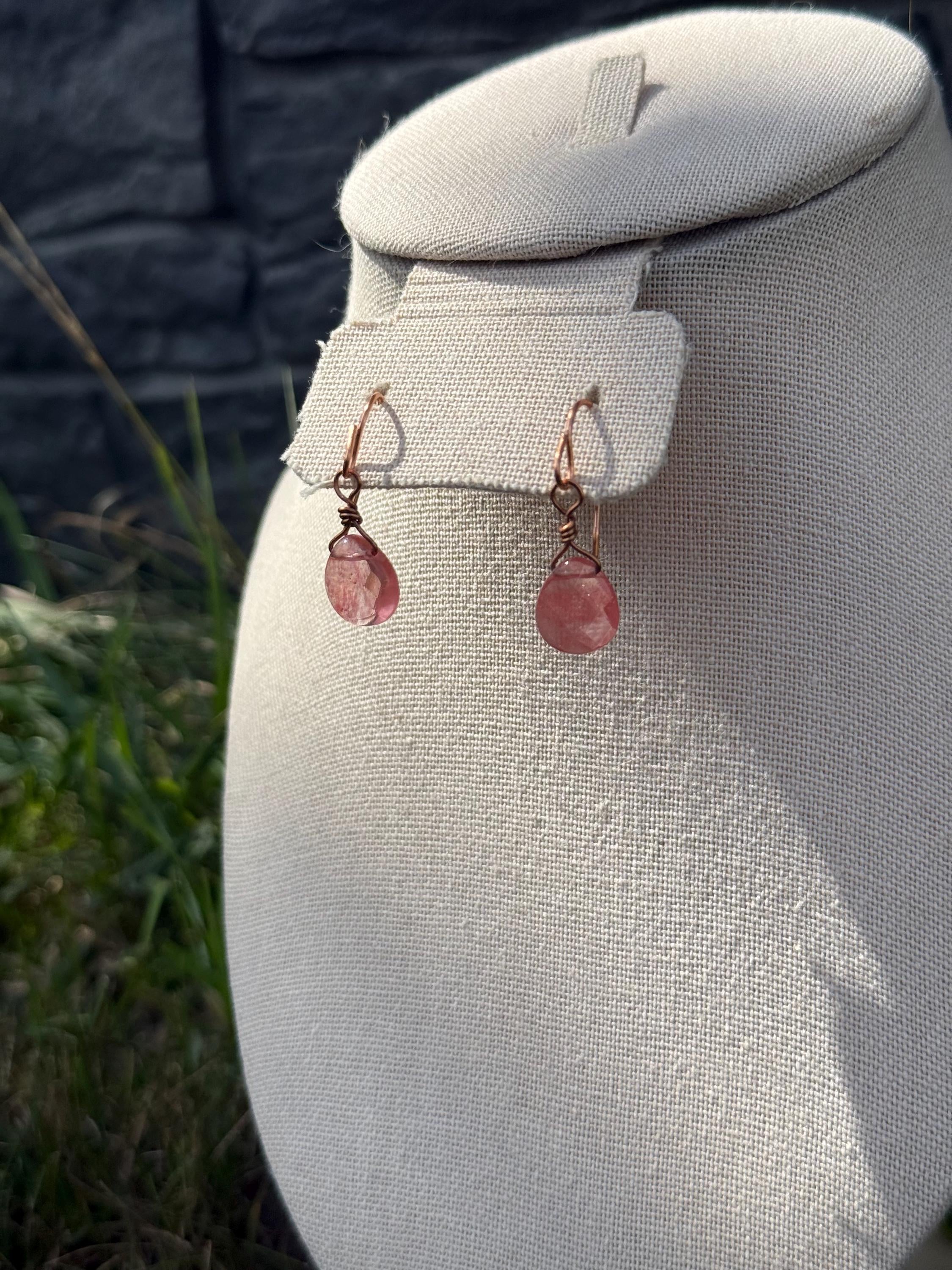Strawberry Haze Dangle Crystal Earrings, Strawberry Quartz Crystal Earrings