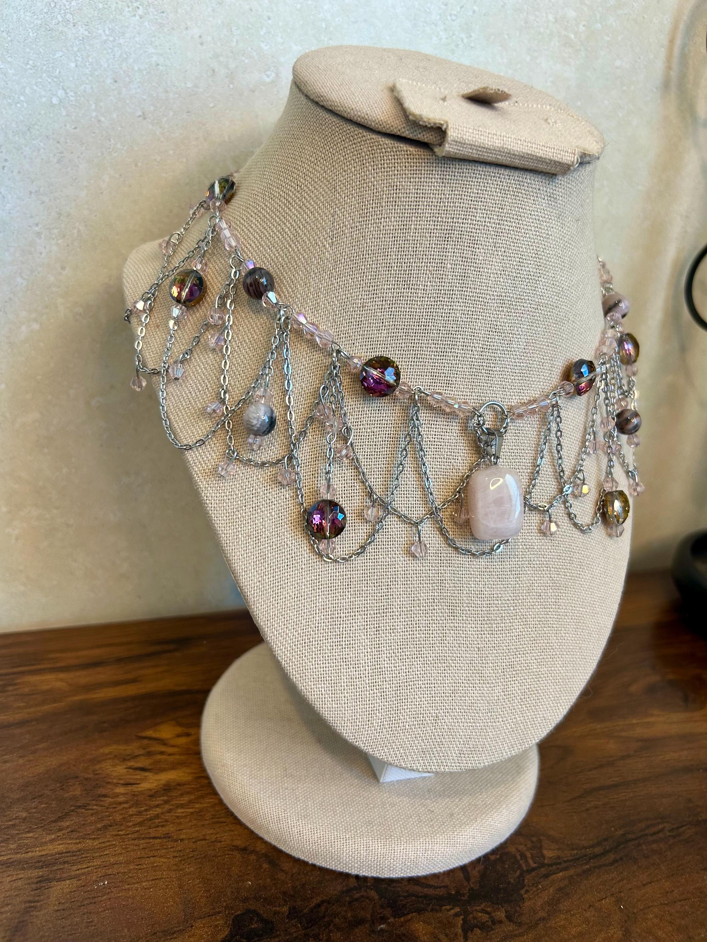 Rose Quartz Petrified Wood Crystal Necklace, Elegant Beaded Design