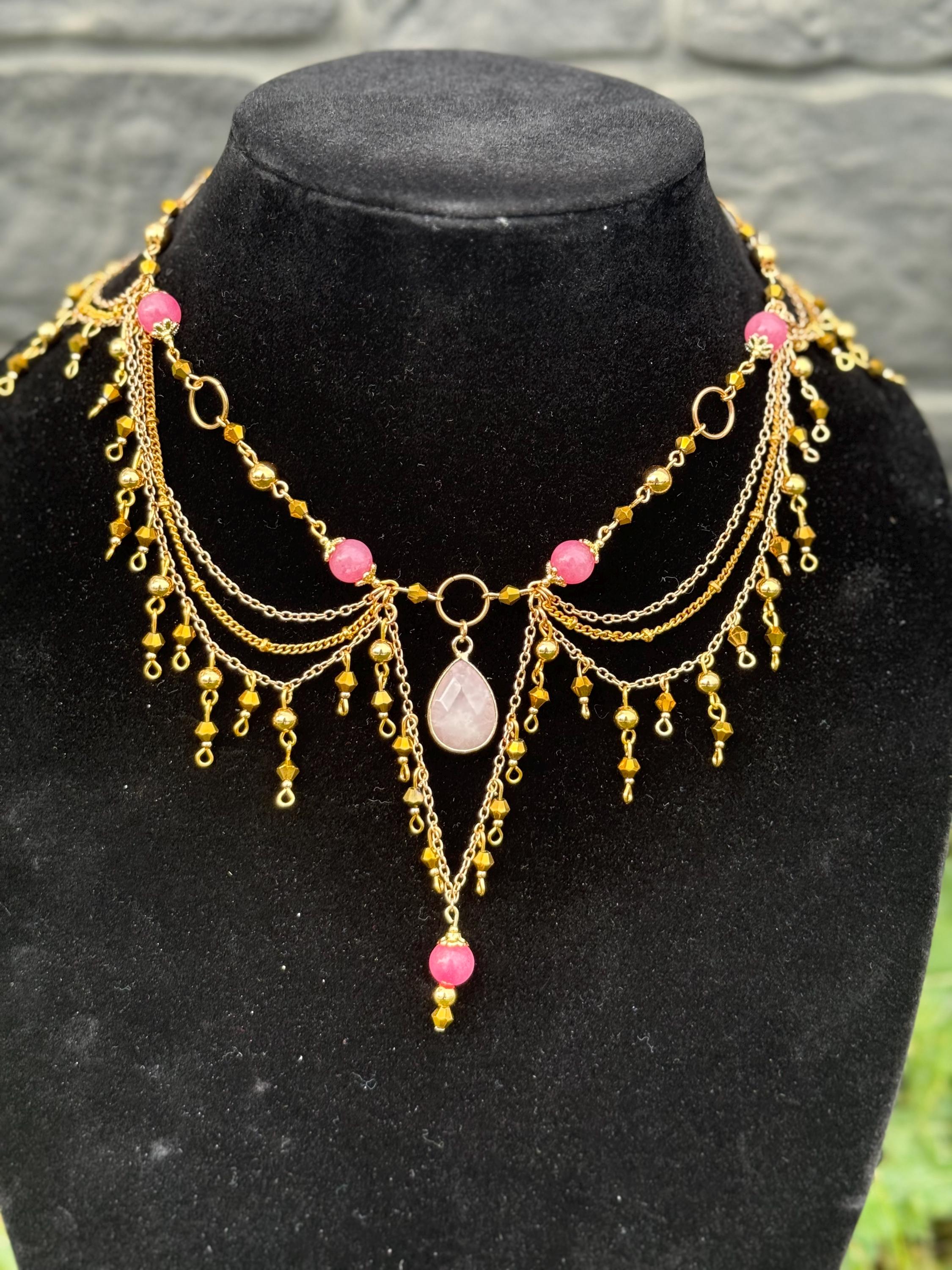 Golden Quartz Rhodochrosite Necklace, Handcrafted Gemstone Jewelry