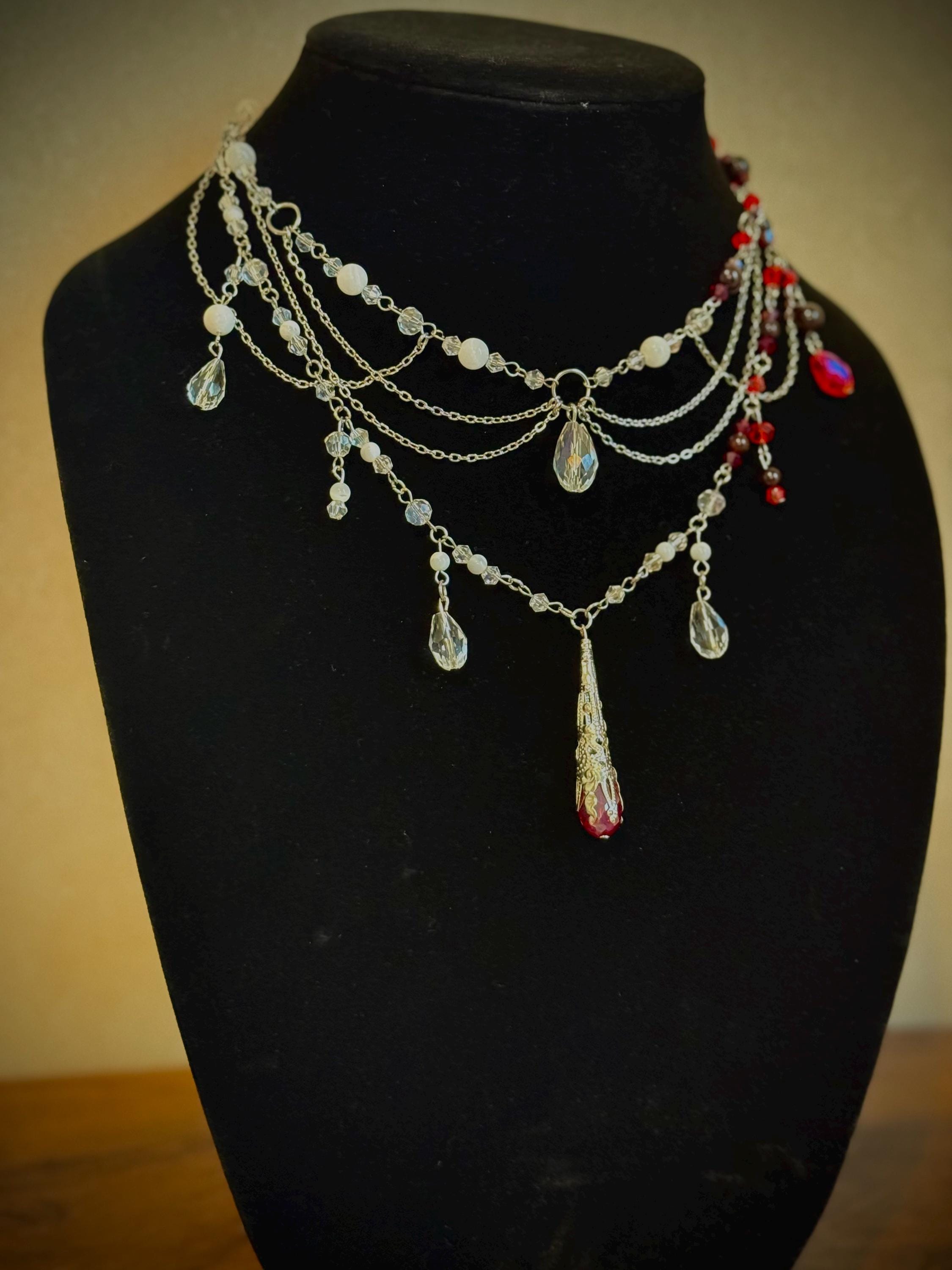 Nightly Treat Garnet and Abalone Shell Necklace, Handcrafted Jewelry For Elegant Gift