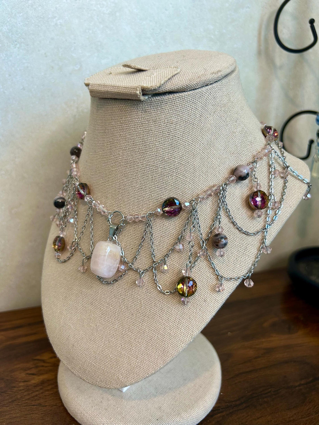 Rose Quartz Petrified Wood Crystal Necklace, Elegant Beaded Design