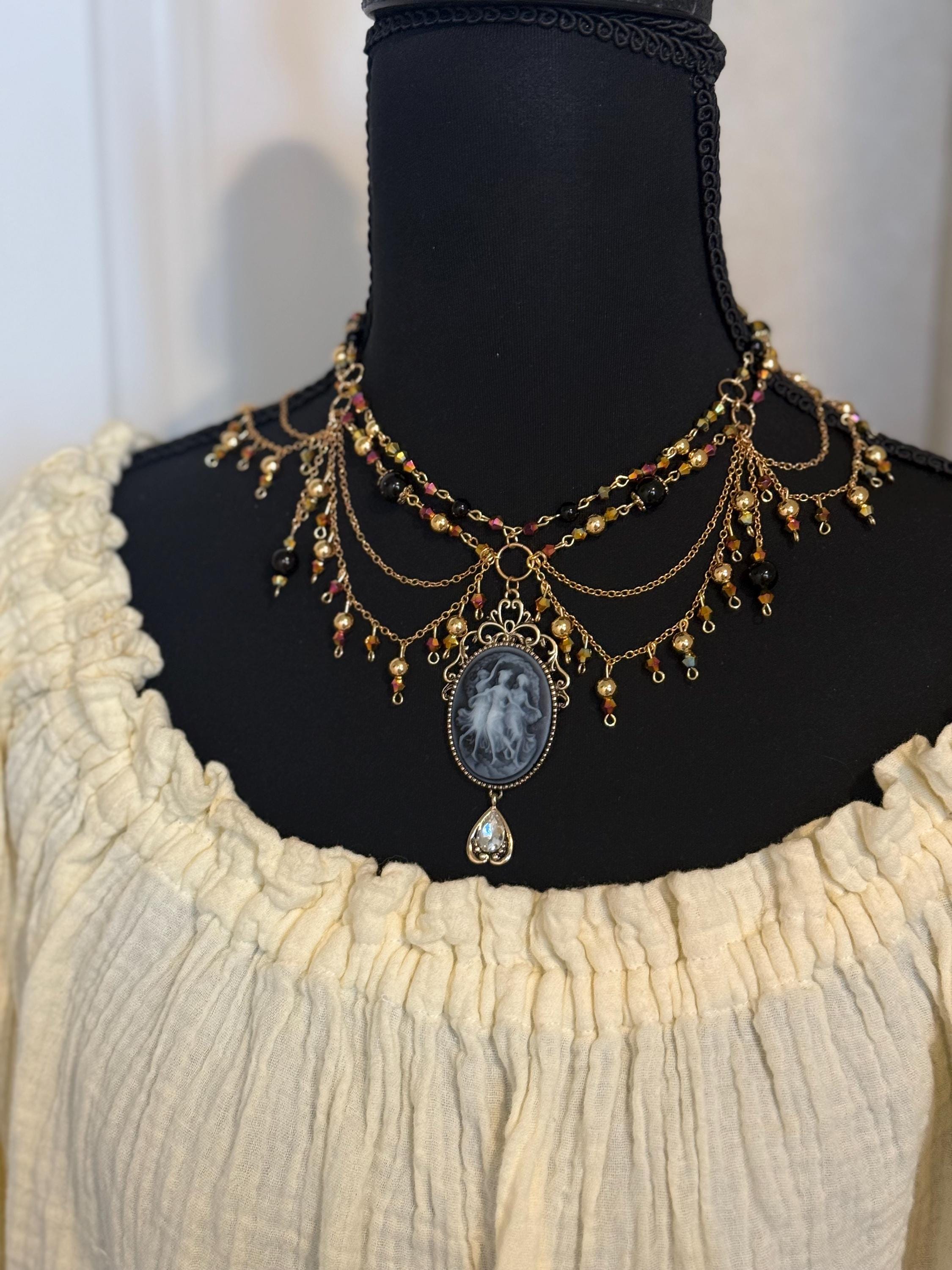 Three Muses Onyx Crystal Necklace, Handcrafted Jewelry For Elegant Gift