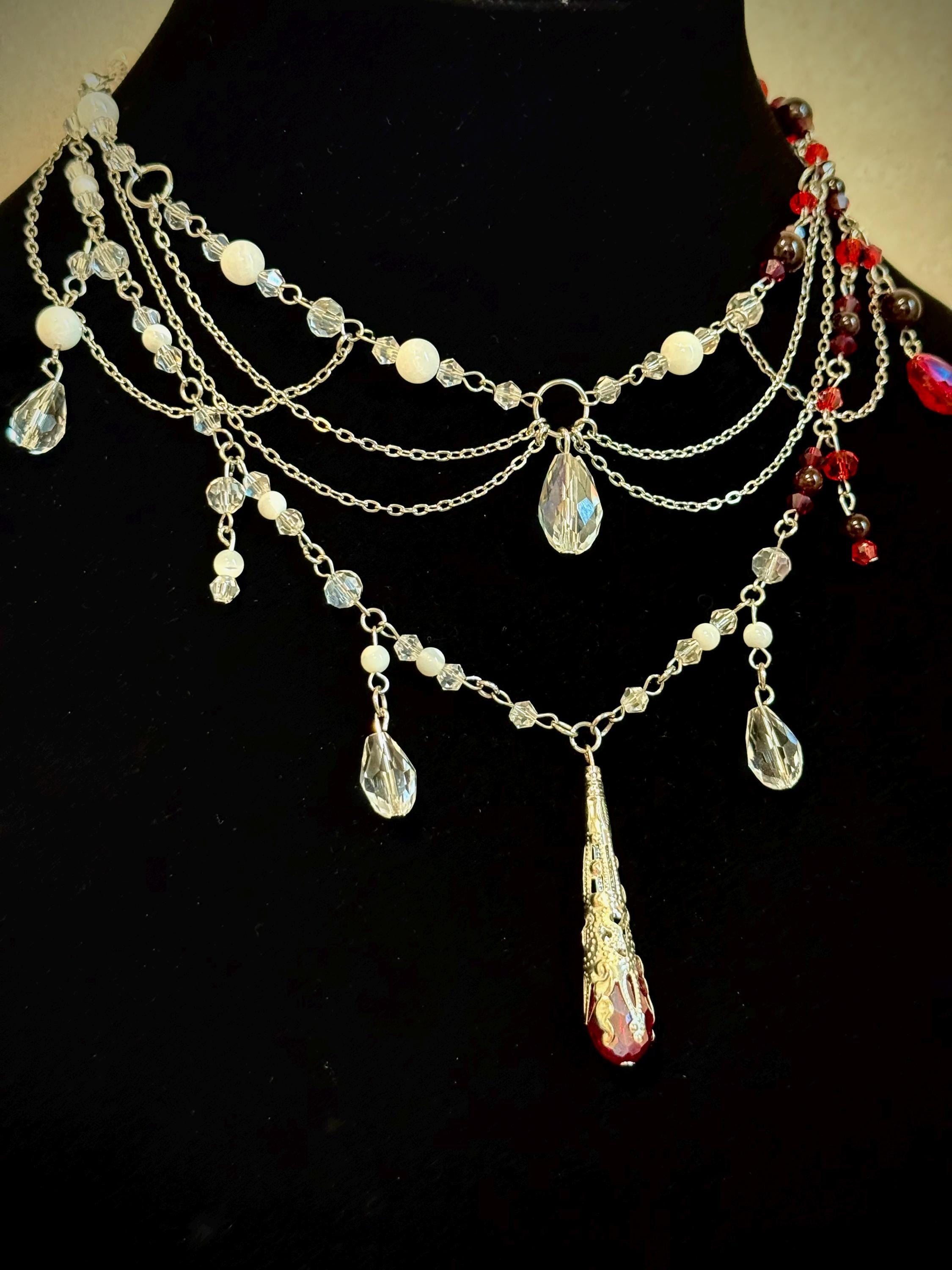 Nightly Treat Garnet and Abalone Shell Necklace, Handcrafted Jewelry For Elegant Gift