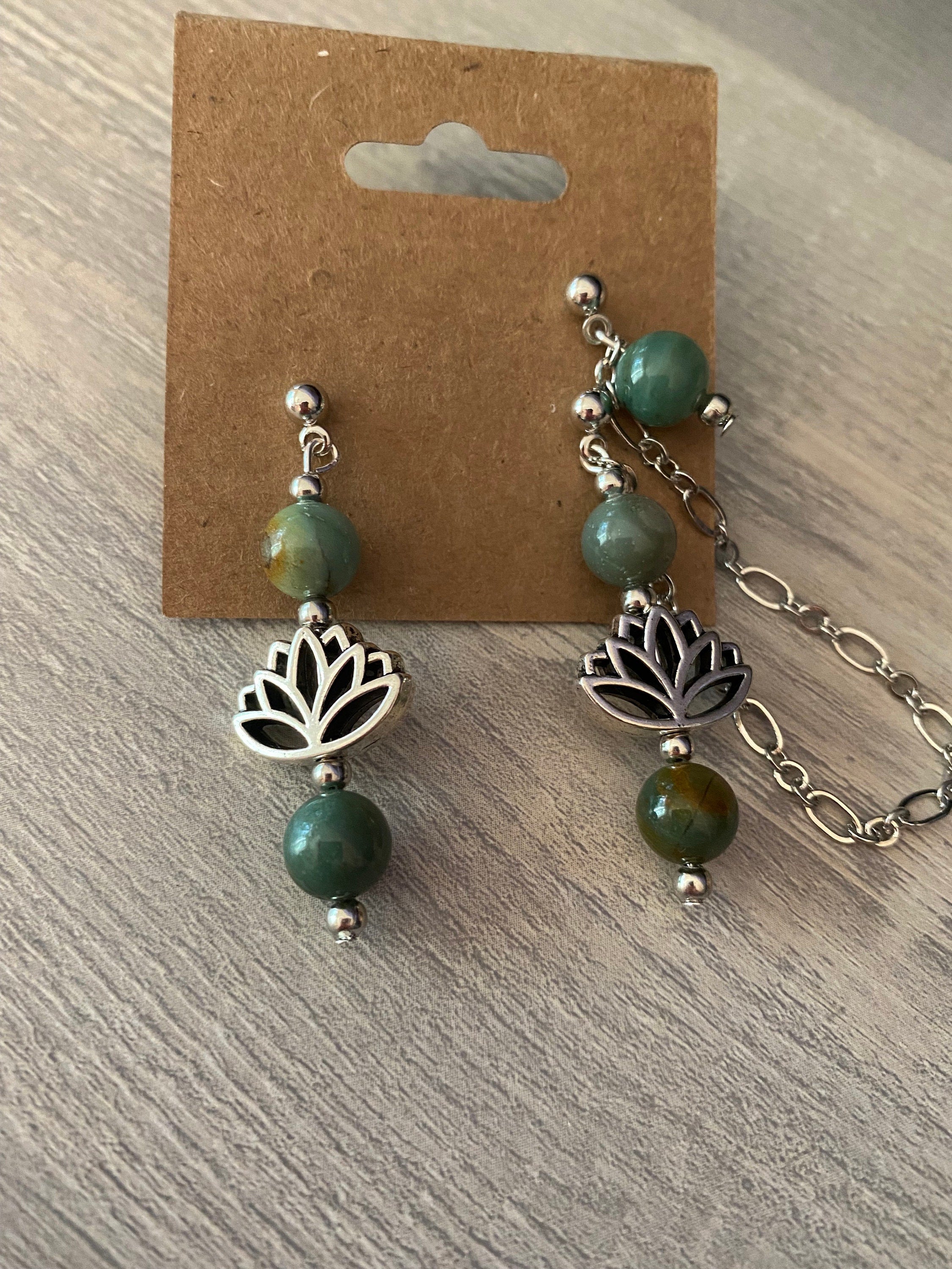 Dragon Blood Jade Lotus Crystal Earrings, Artisan Green Stone Earrings for Energy & Balance, Thoughtful Gift for Any Occasion