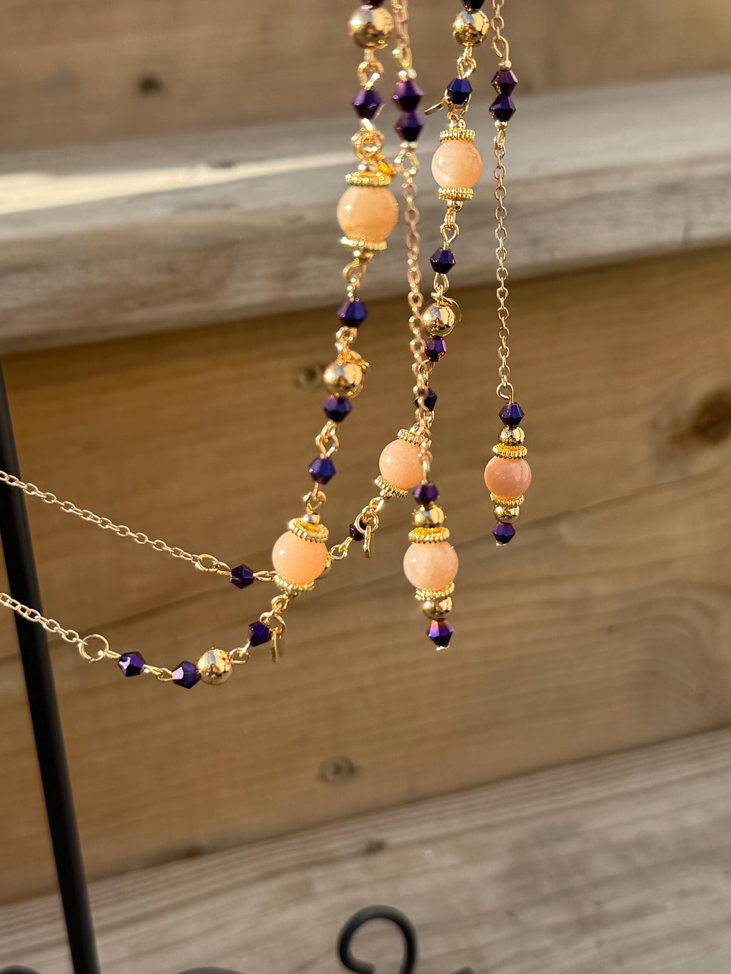Fluttering Hearts Pink Moonstone Crystal Beaded Eyeglass Chain, Romantic Accessory for Fantasy Lovers