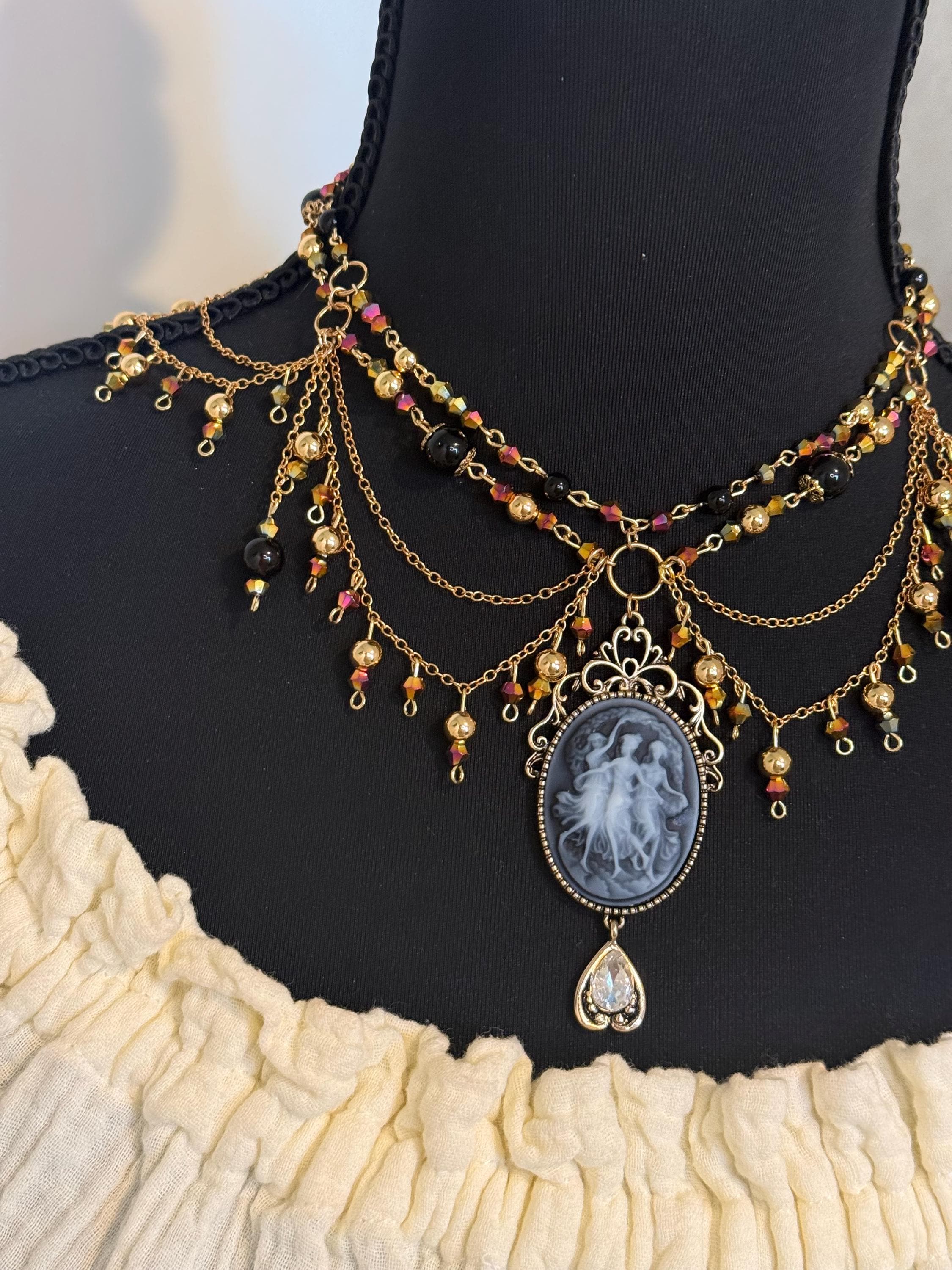 Three Muses Onyx Crystal Necklace, Handcrafted Jewelry For Elegant Gift