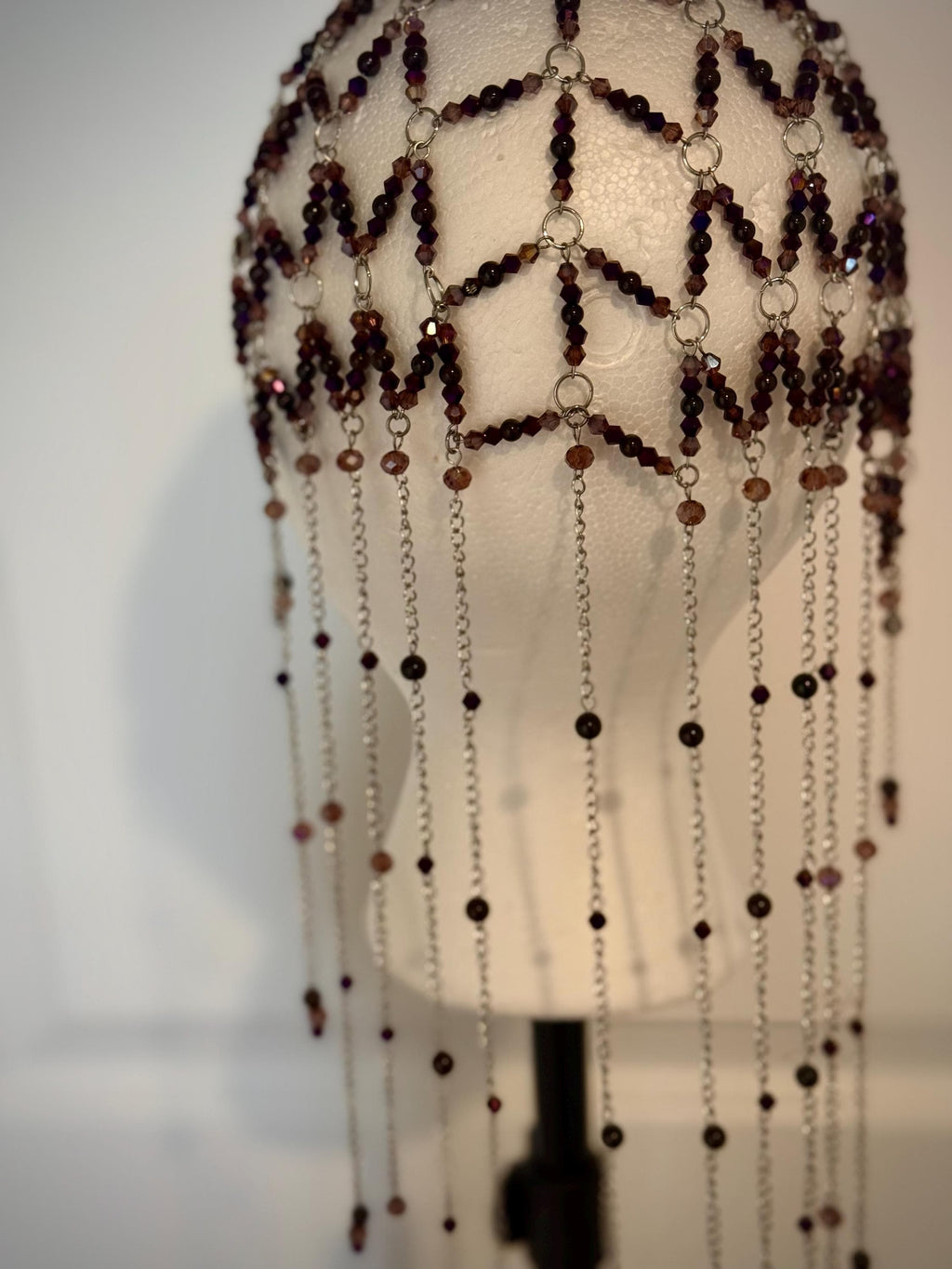 Romantic Fantasy Beaded Garnet Juliet Cap, Handcrafted Jewelry For Elegant Gift