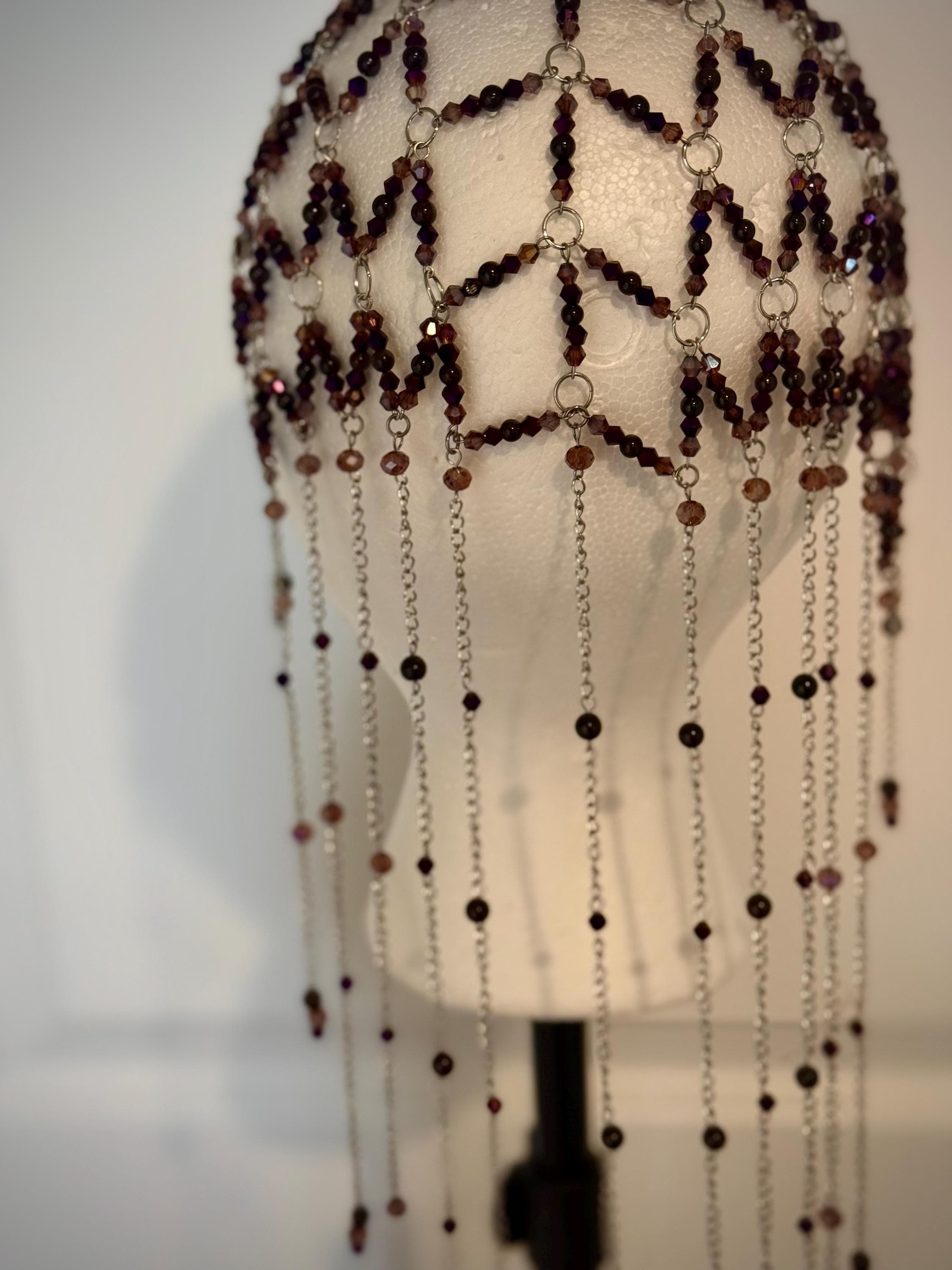 Romantic Fantasy Beaded Garnet Juliet Cap, Handcrafted Jewelry For Elegant Gift