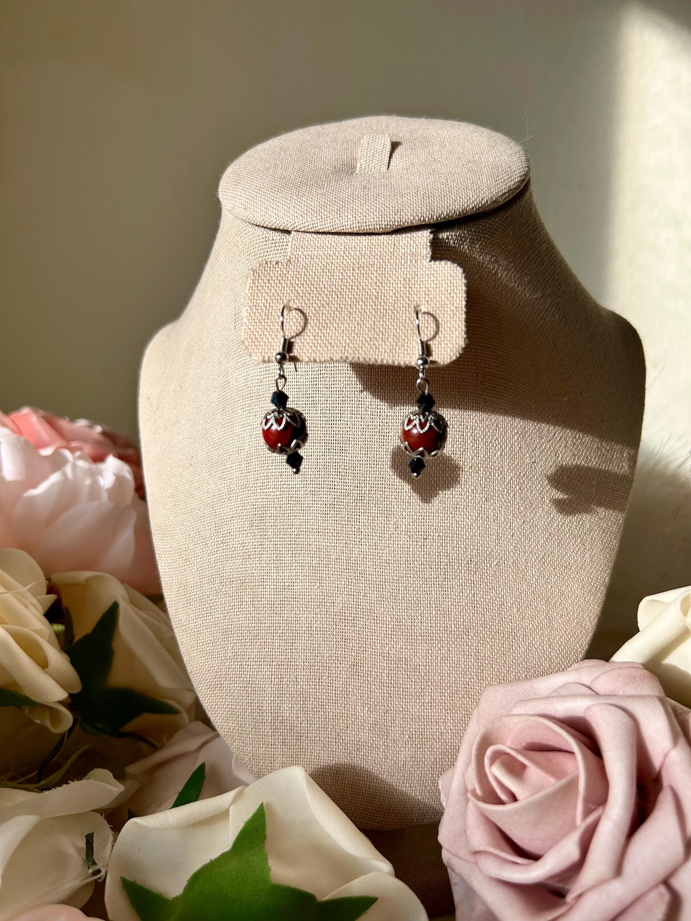 Vampire Kisses Earrings, Handmade Apple Jasper Crystal Earrings for Spooky Season