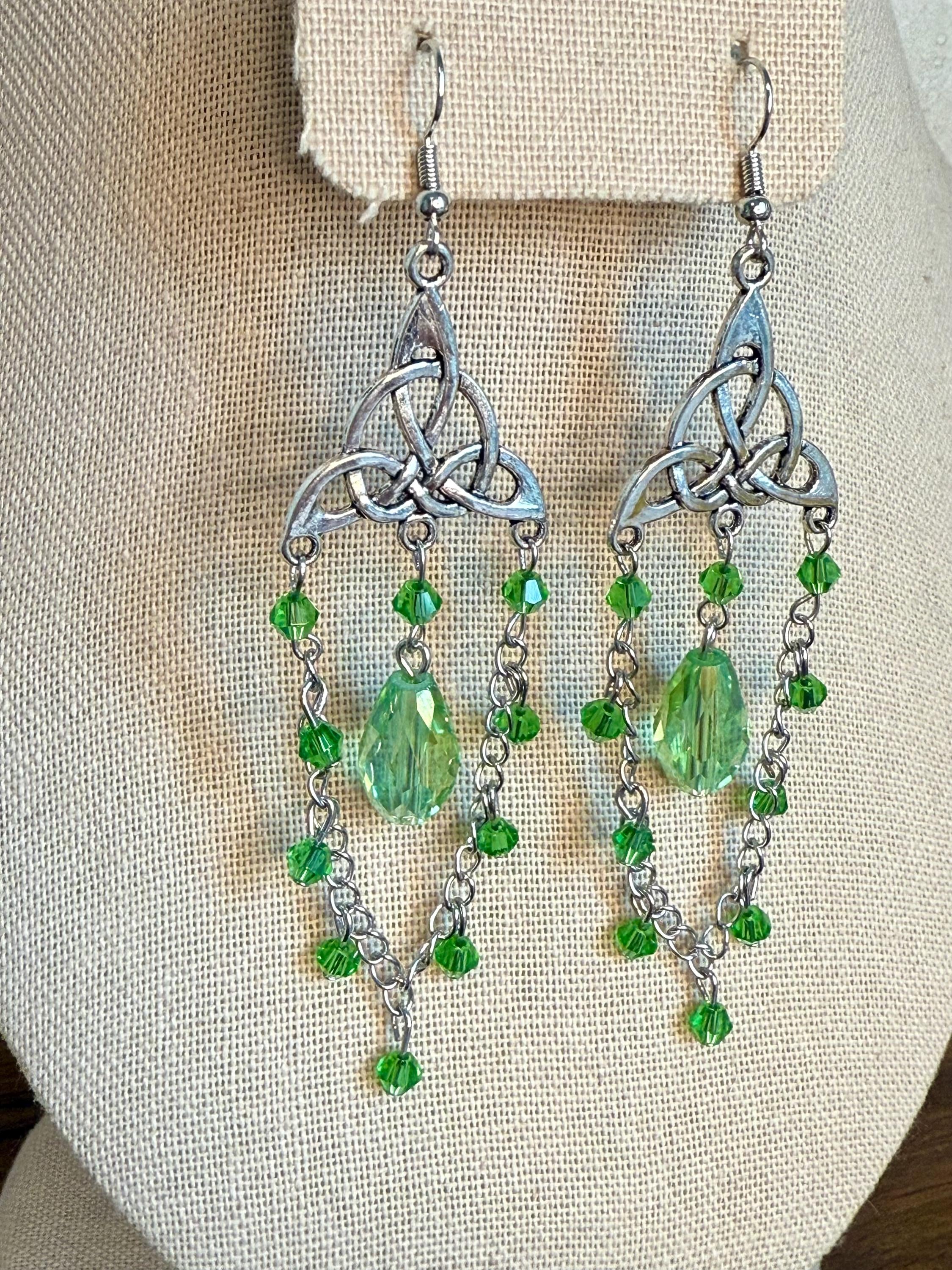 Handmade Celtic Knot Crystal Dangle Earrings, Fantasy Jewelry
